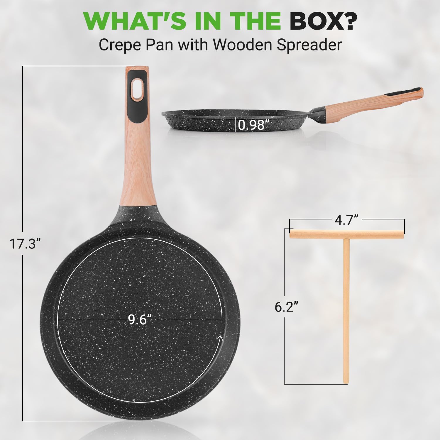 NutriChef 9.45” Non-Stick Crepe Pan with Wooden Spreader, Durable Marble Coated Dosa Pan, Bakelite Handle and Induction Bottom, PFOA/PFOS Free,