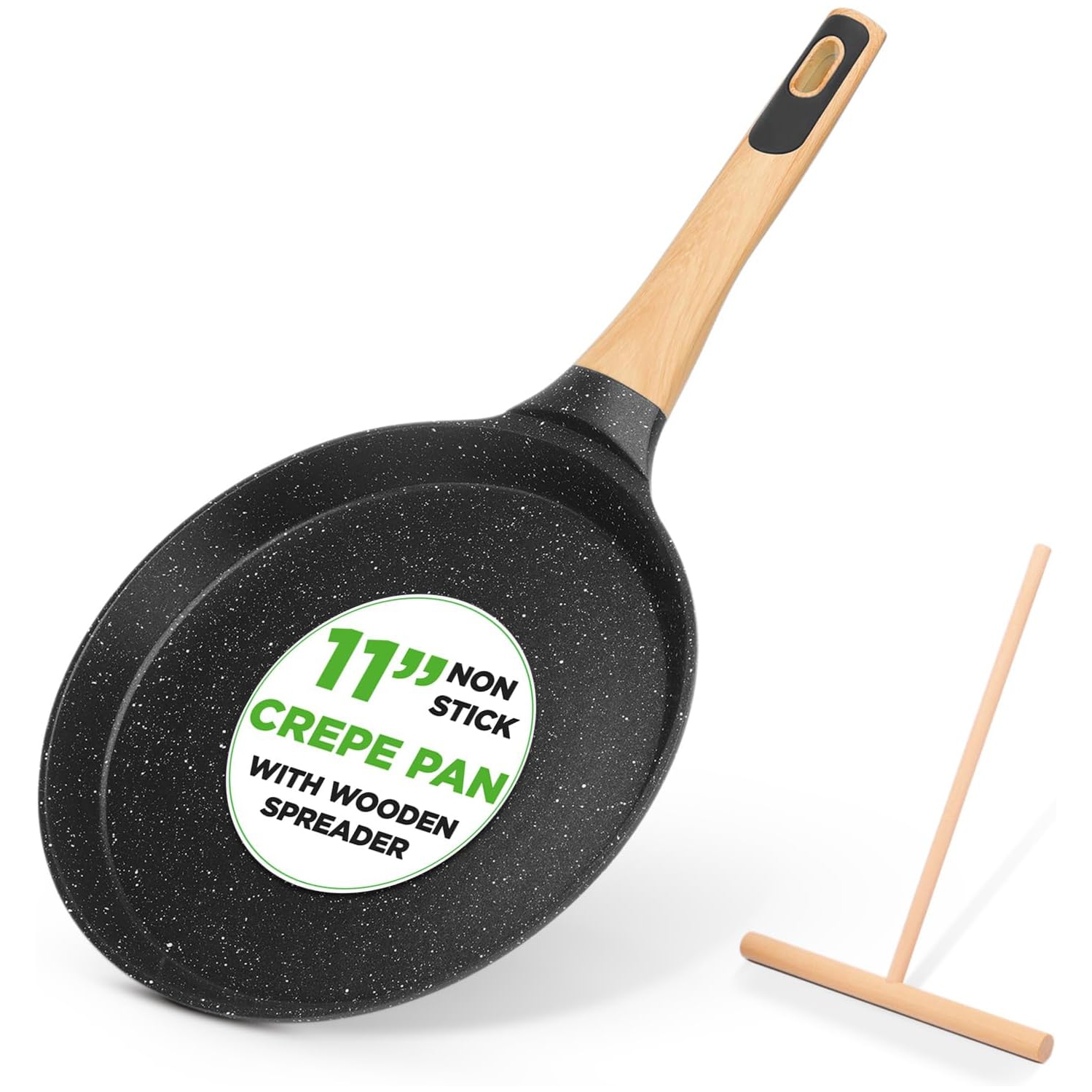 NutriChef 11” Non-Stick Crepe Pan with Wooden Spreader, Durable Marble Coated Dosa Pan, Bakelite And Wood Handle With Induction Bottom,