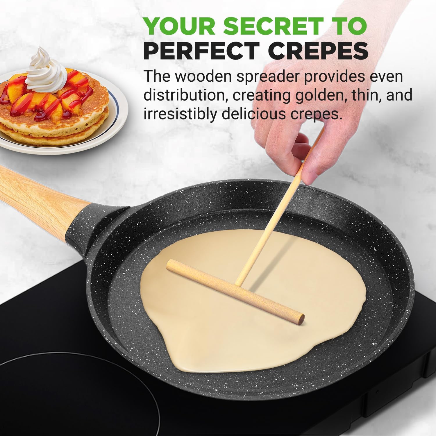 NutriChef 11” Non-Stick Crepe Pan with Wooden Spreader, Durable Marble Coated Dosa Pan, Bakelite And Wood Handle With Induction Bottom,