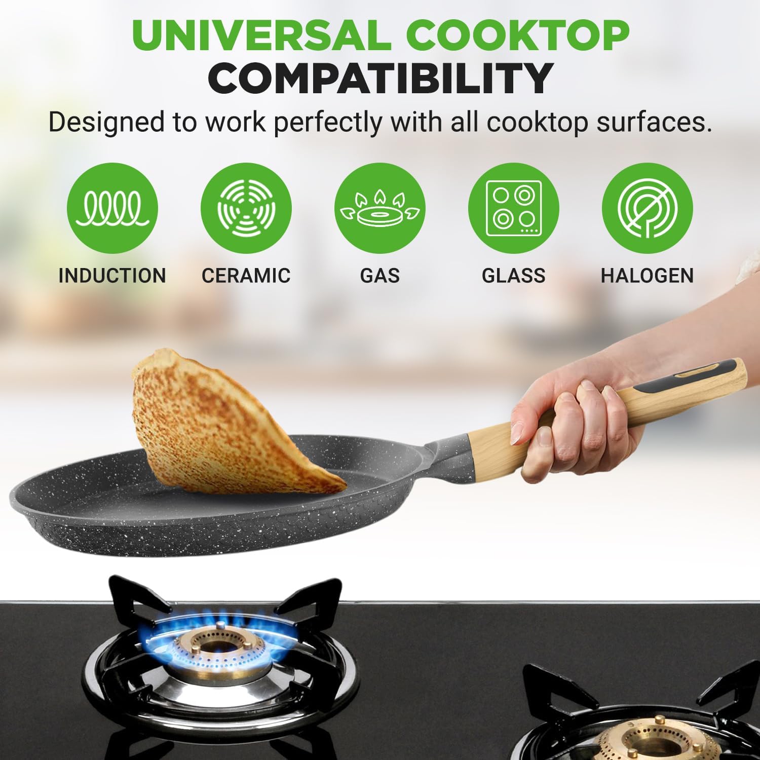 NutriChef 11” Non-Stick Crepe Pan with Wooden Spreader, Durable Marble Coated Dosa Pan, Bakelite And Wood Handle With Induction Bottom,