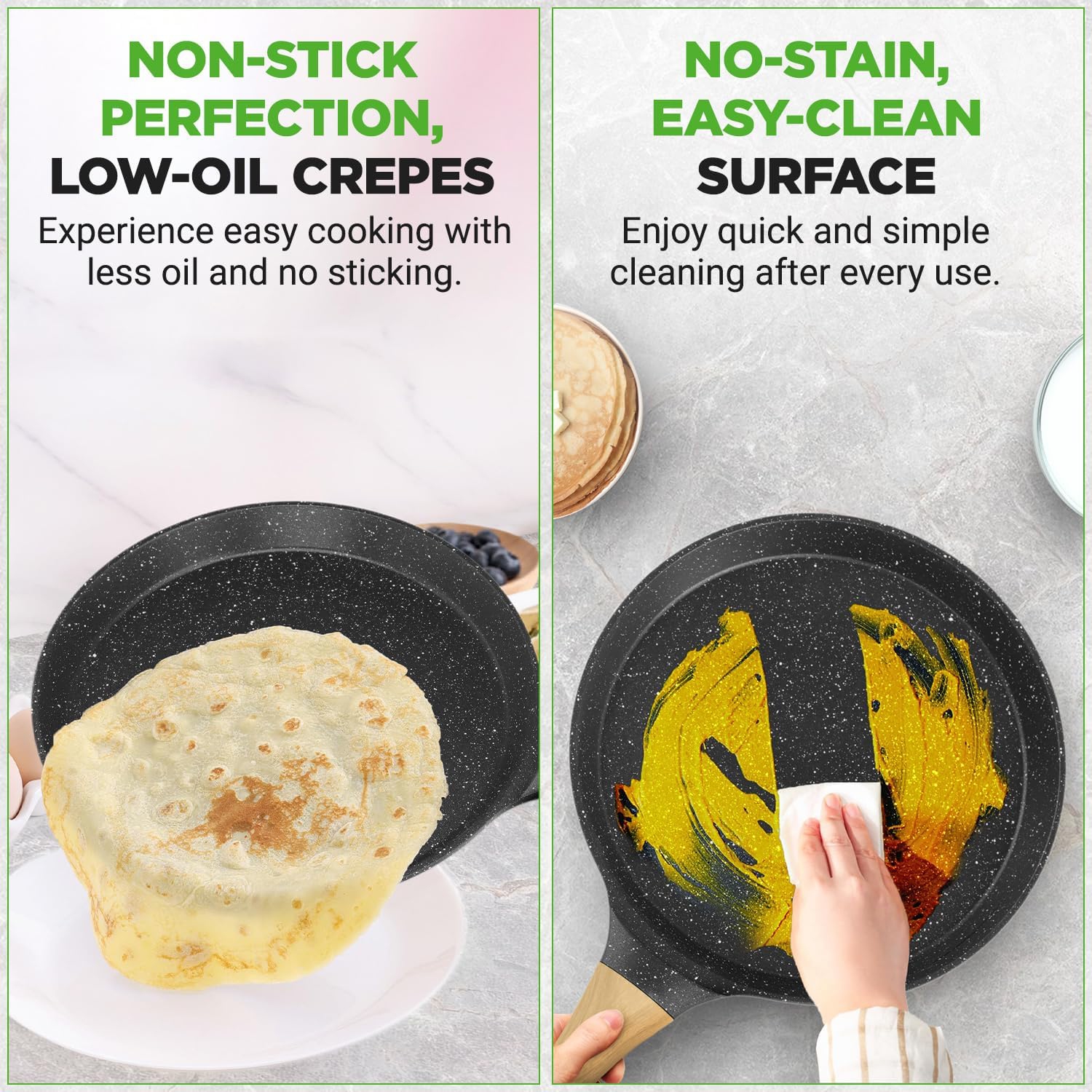 NutriChef 11” Non-Stick Crepe Pan with Wooden Spreader, Durable Marble Coated Dosa Pan, Bakelite And Wood Handle With Induction Bottom,