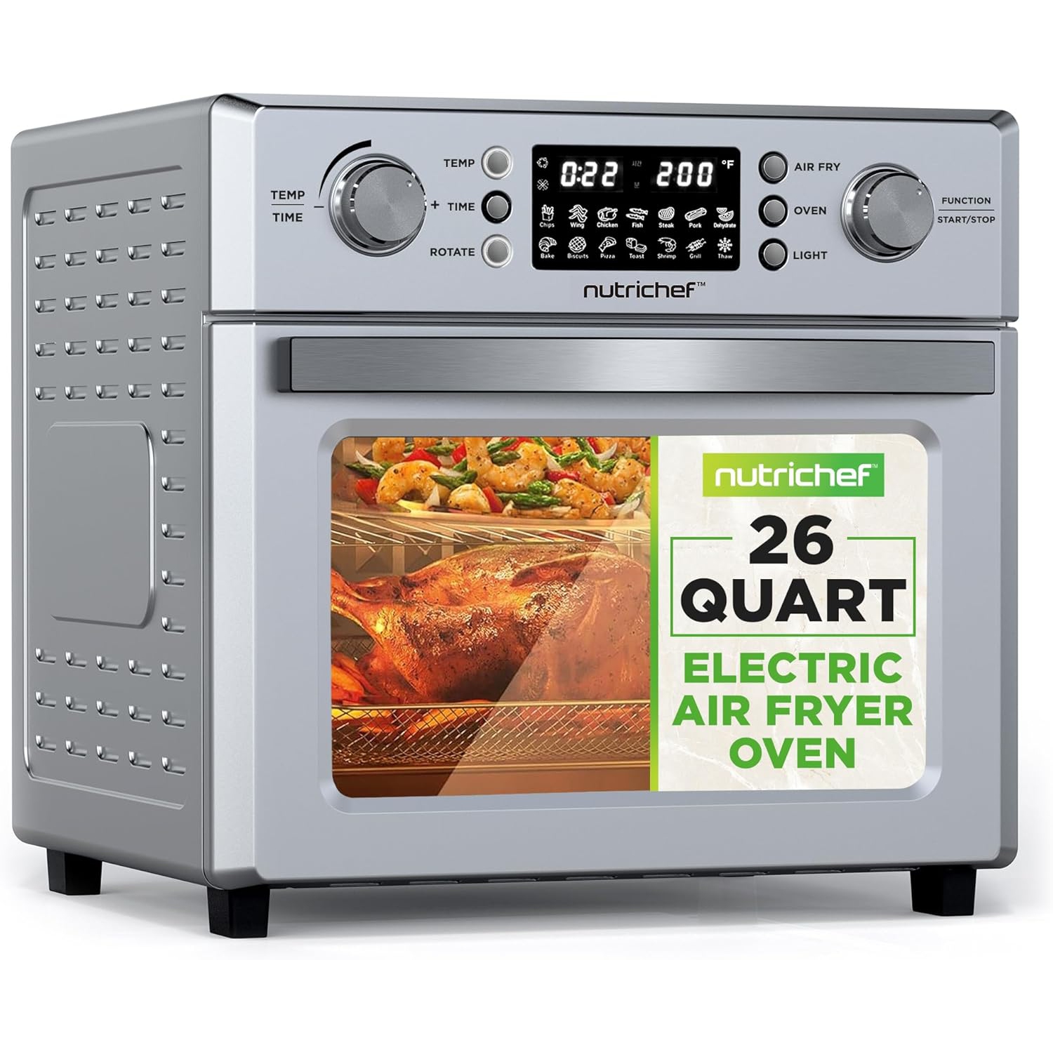 NutriChef 26L Electric Air Fryer Oven | 1700W Countertop Rotisserie & Air Fryer | 360° Rotating Feature | 10 Digital Menu Presets | Includes Drip