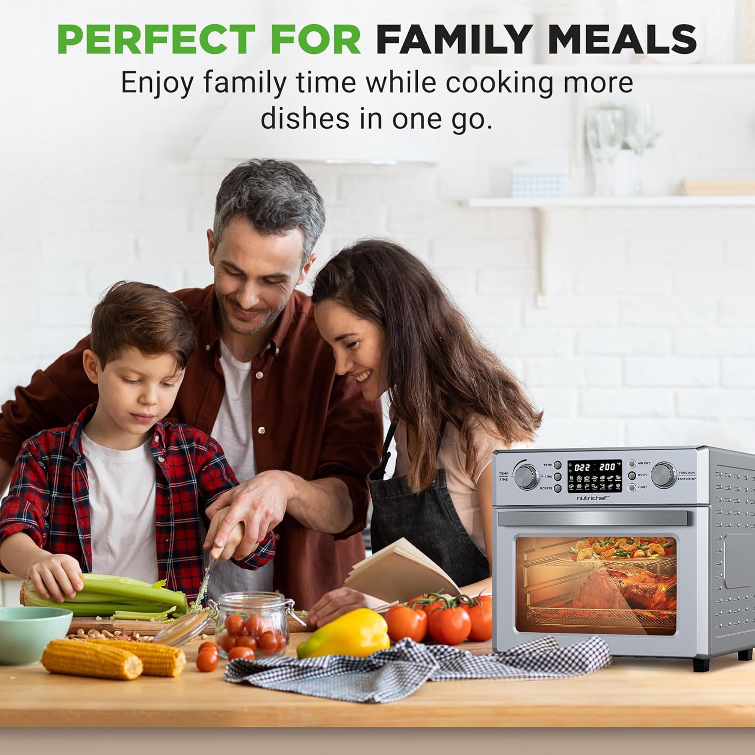 NutriChef 26L Electric Air Fryer Oven | 1700W Countertop Rotisserie & Air Fryer | 360° Rotating Feature | 10 Digital Menu Presets | Includes Drip