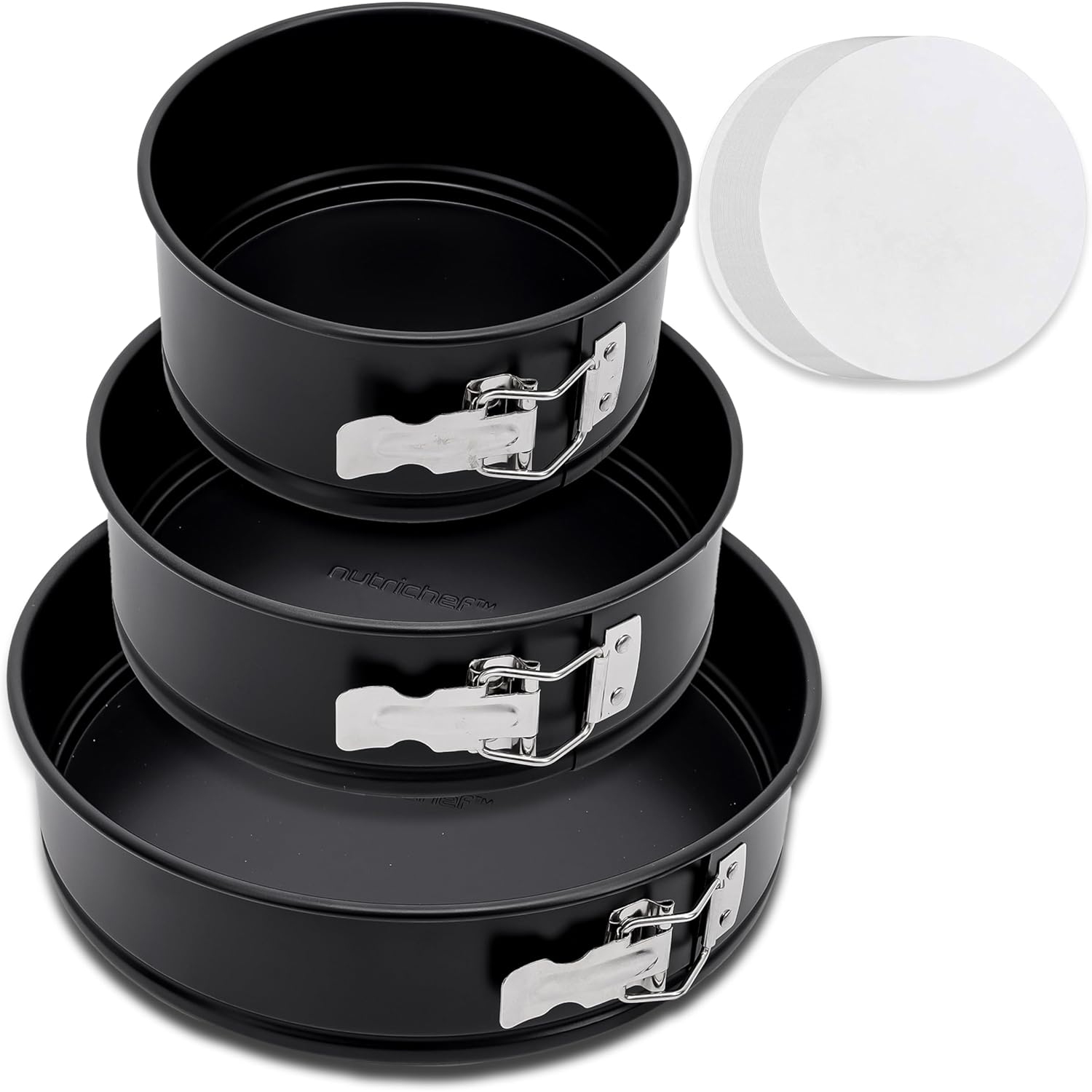NutriChef 3 Piece Nonstick Springform Pan Set | 3 Tiered Sizes 6, 8 & 10 Inch Pans | Carbon Steel Cheesecake Pans | Stainless Steel Clasps | Oven