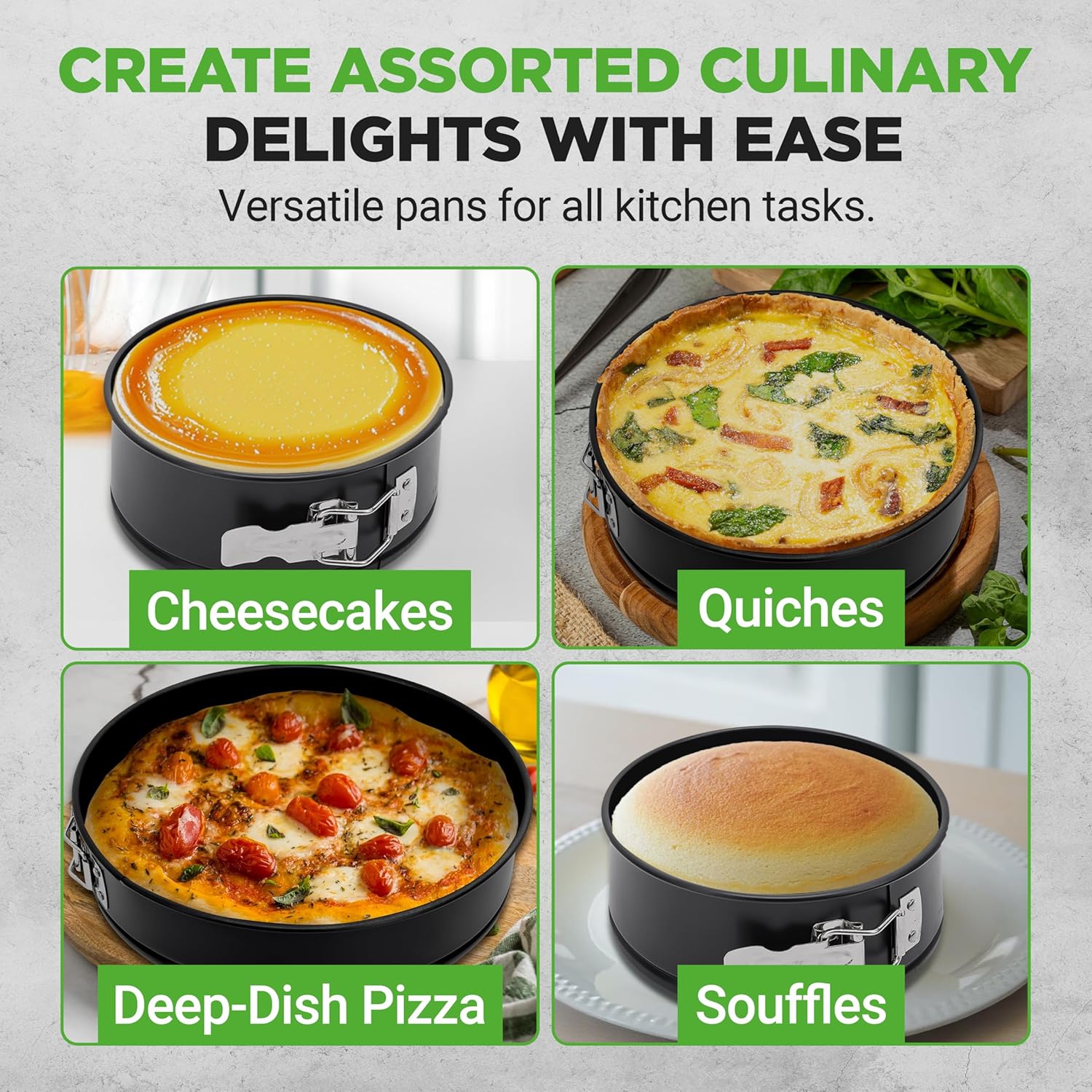 NutriChef 3 Piece Nonstick Springform Pan Set | 3 Tiered Sizes 6, 8 & 10 Inch Pans | Carbon Steel Cheesecake Pans | Stainless Steel Clasps | Oven