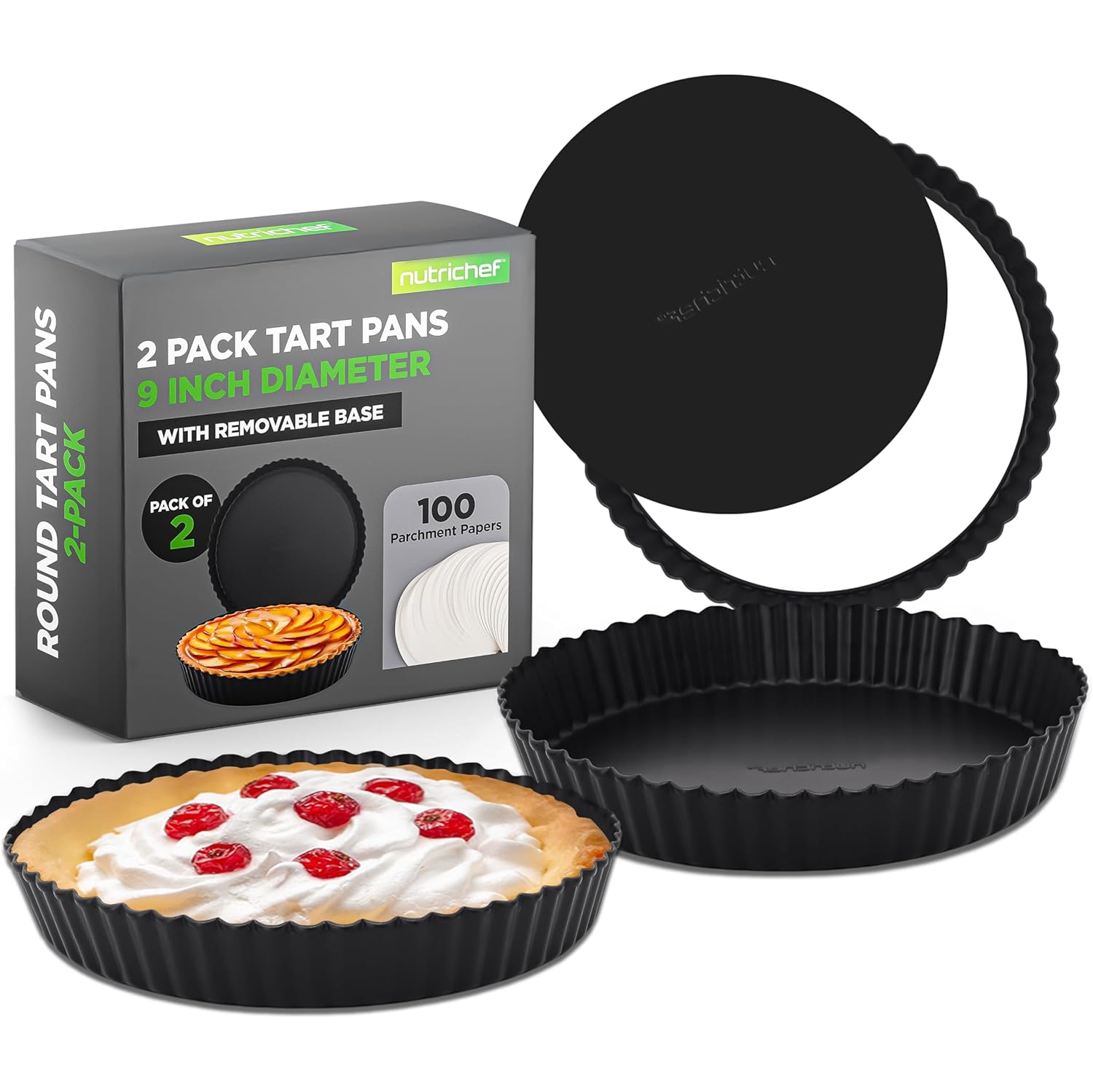NutriChef 2 Round Tart Pans | 9 Inch Carbon Steel Tart Baking Trays with Removable Base | Nonstick & Even Heat Distribution | Includes 100 Parchment