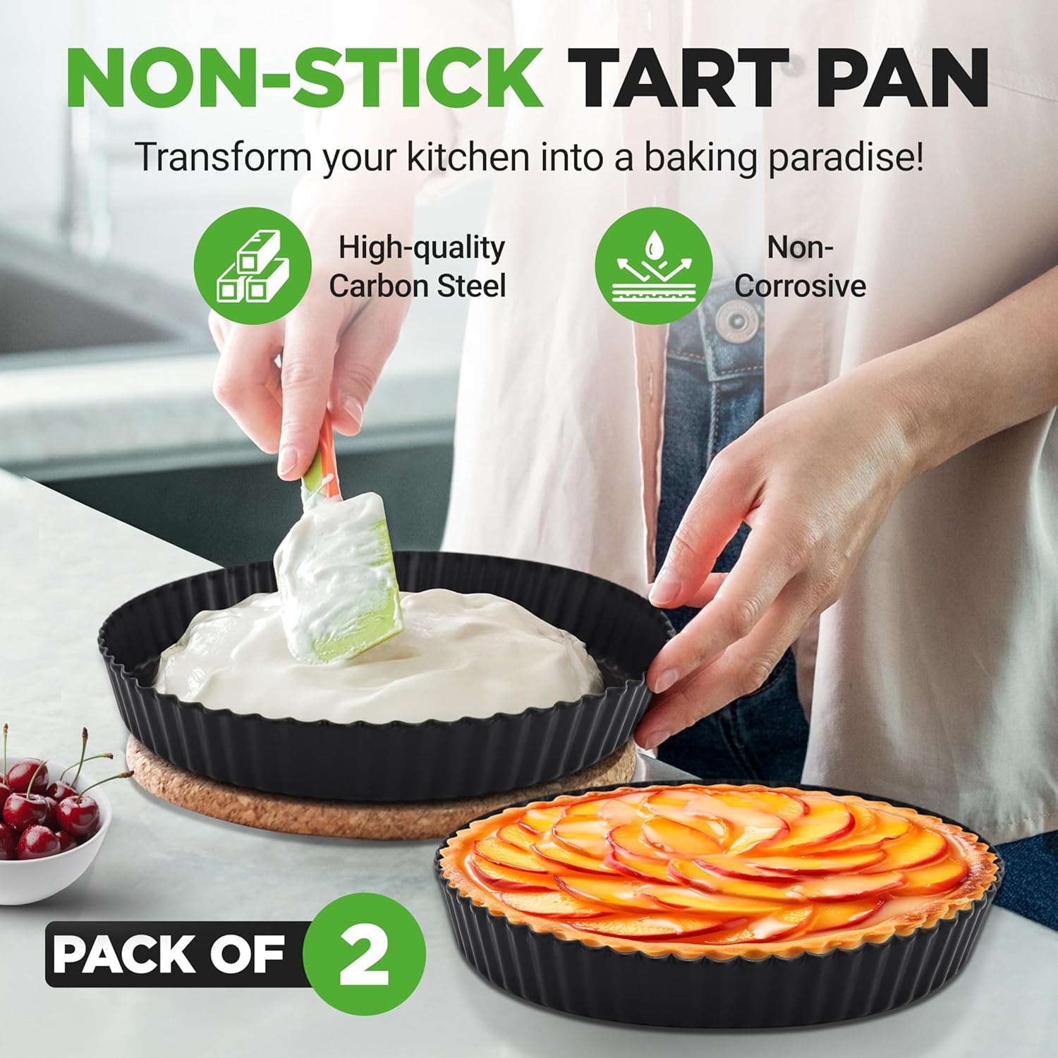 NutriChef 2 Round Tart Pans | 9 Inch Carbon Steel Tart Baking Trays with Removable Base | Nonstick & Even Heat Distribution | Includes 100 Parchment