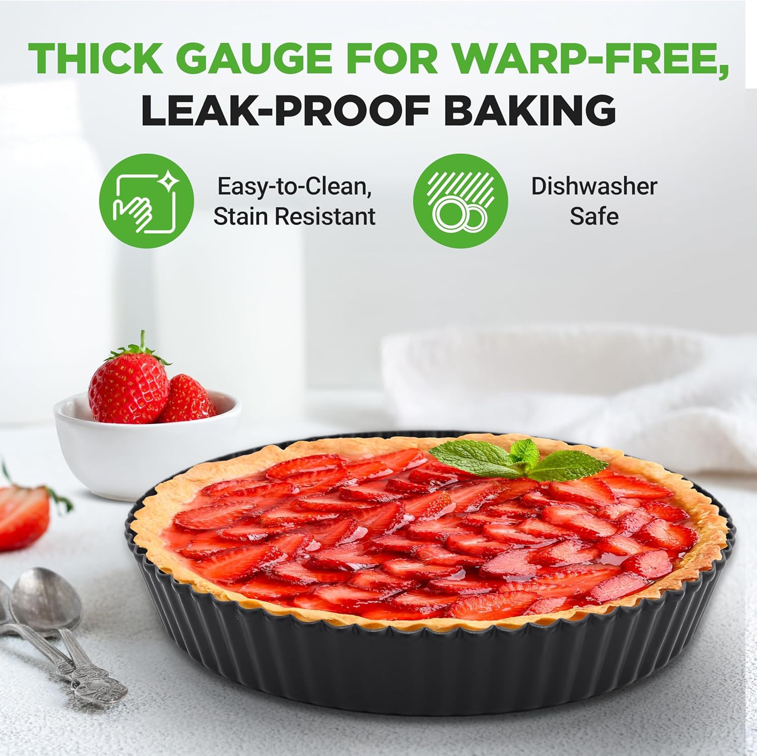 NutriChef 2 Round Tart Pans | 9 Inch Carbon Steel Tart Baking Trays with Removable Base | Nonstick & Even Heat Distribution | Includes 100 Parchment