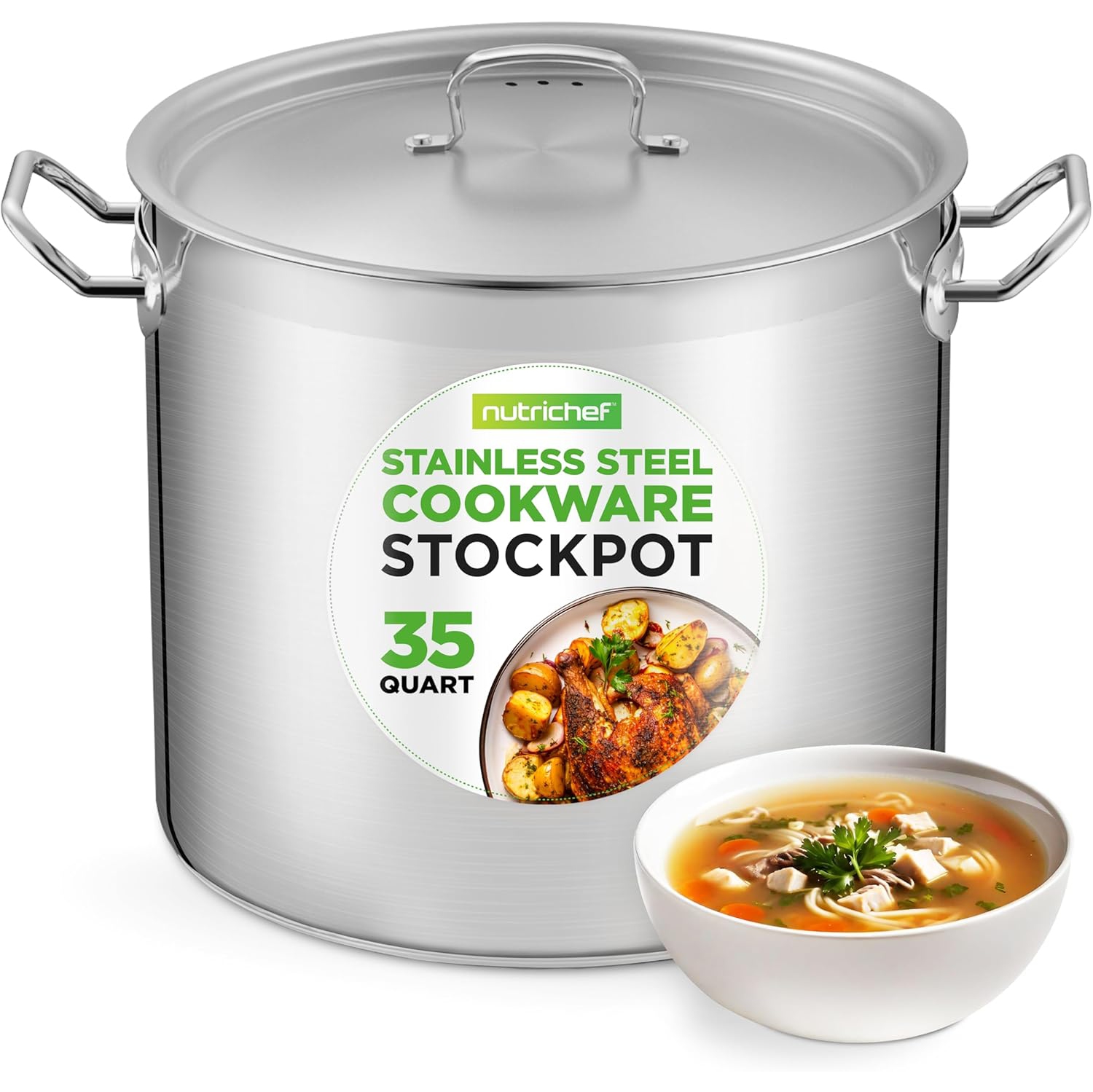 Nutrichef Stainless Steel Cookware Stockpot, 35 Quart Heavy Duty Induction Soup Pot With Stainless Steel Lid And Strong Riveted Handles, Even Heat