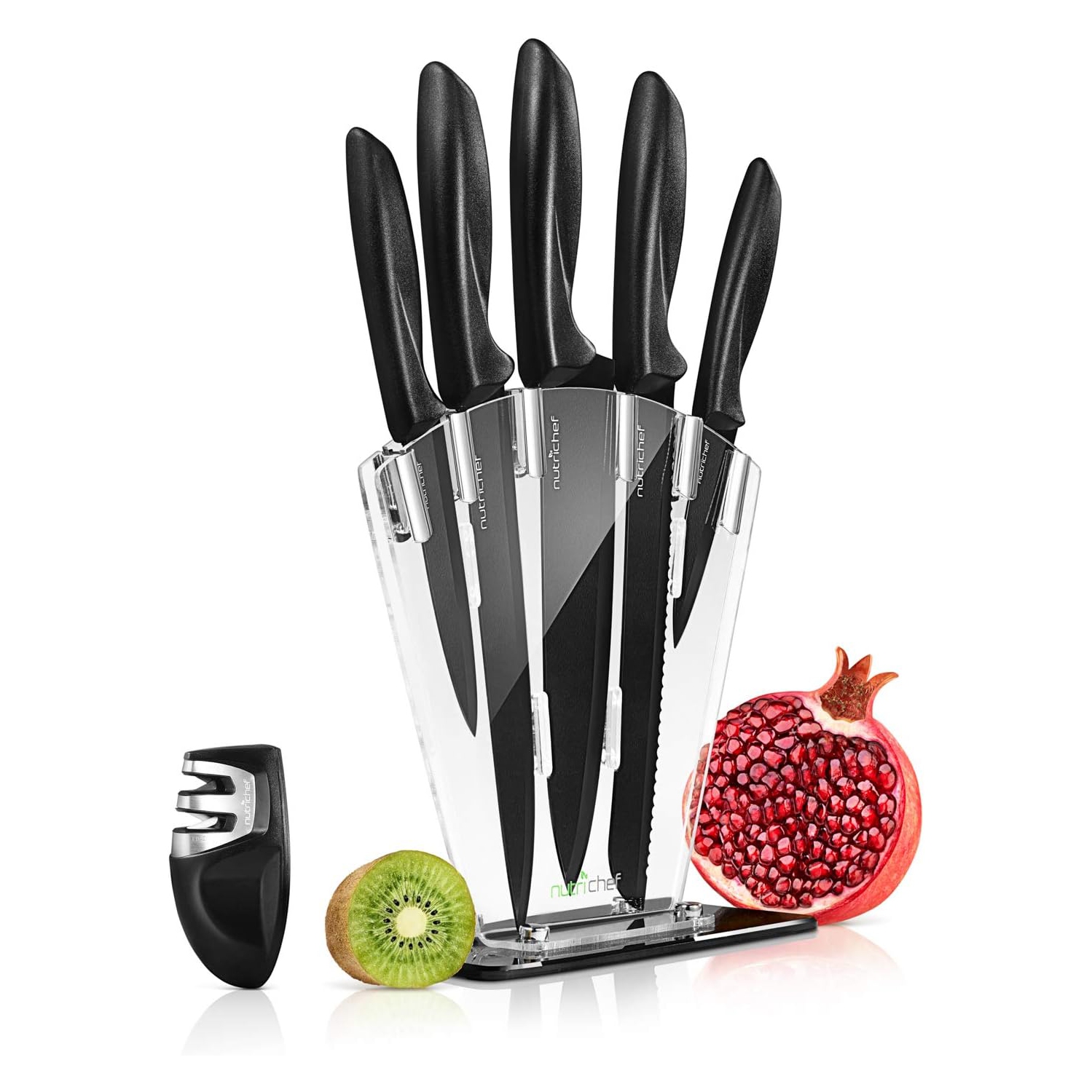 NutriChef 7 Piece Kitchen Knife Set - Stainless Steel Kitchen Precision Knives Set w/ 5 Knives & Bonus Sharpener, Acrylic Block Stand - Cutting