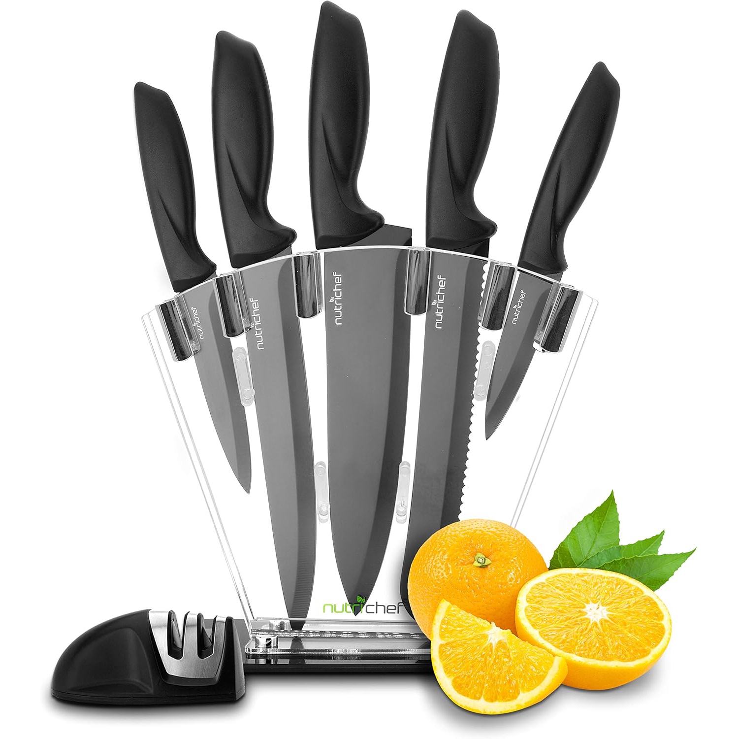 NutriChef 7 Piece Kitchen Knife Set - Stainless Steel Kitchen Precision Knives Set w/ 5 Knives & Bonus Sharpener, Acrylic Block Stand - Cutting
