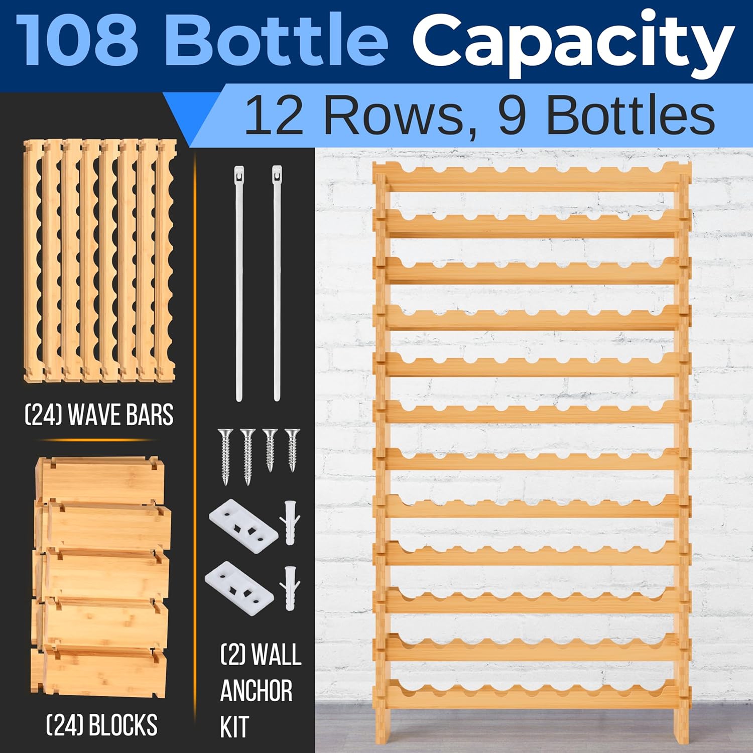 NutriChef Bamboo Stackable Wine Rack, 12-Tier 108 Bottle Capacity Free ...