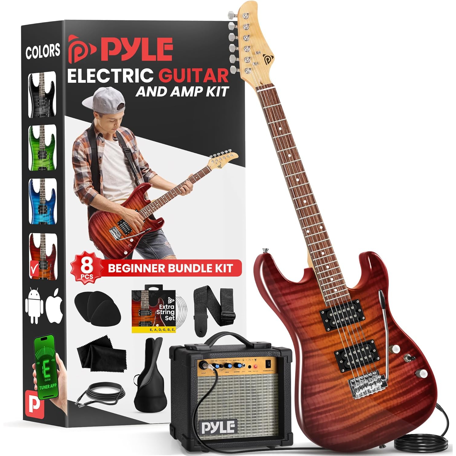 Ensemble guitare électrique Pyle avec amplificateur, instrument pleine grandeur avec micros Humbucker, amplificateur Electrica Guitarra et
