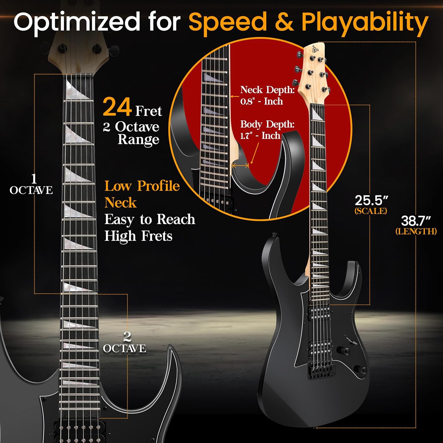 Pyle Prog Rock EG Series Electric Guitar with Amp Kit, 39" Full Size with Dual Humbucker Pickups, Low Profile Neck and Solid Paulownia Body, Premium