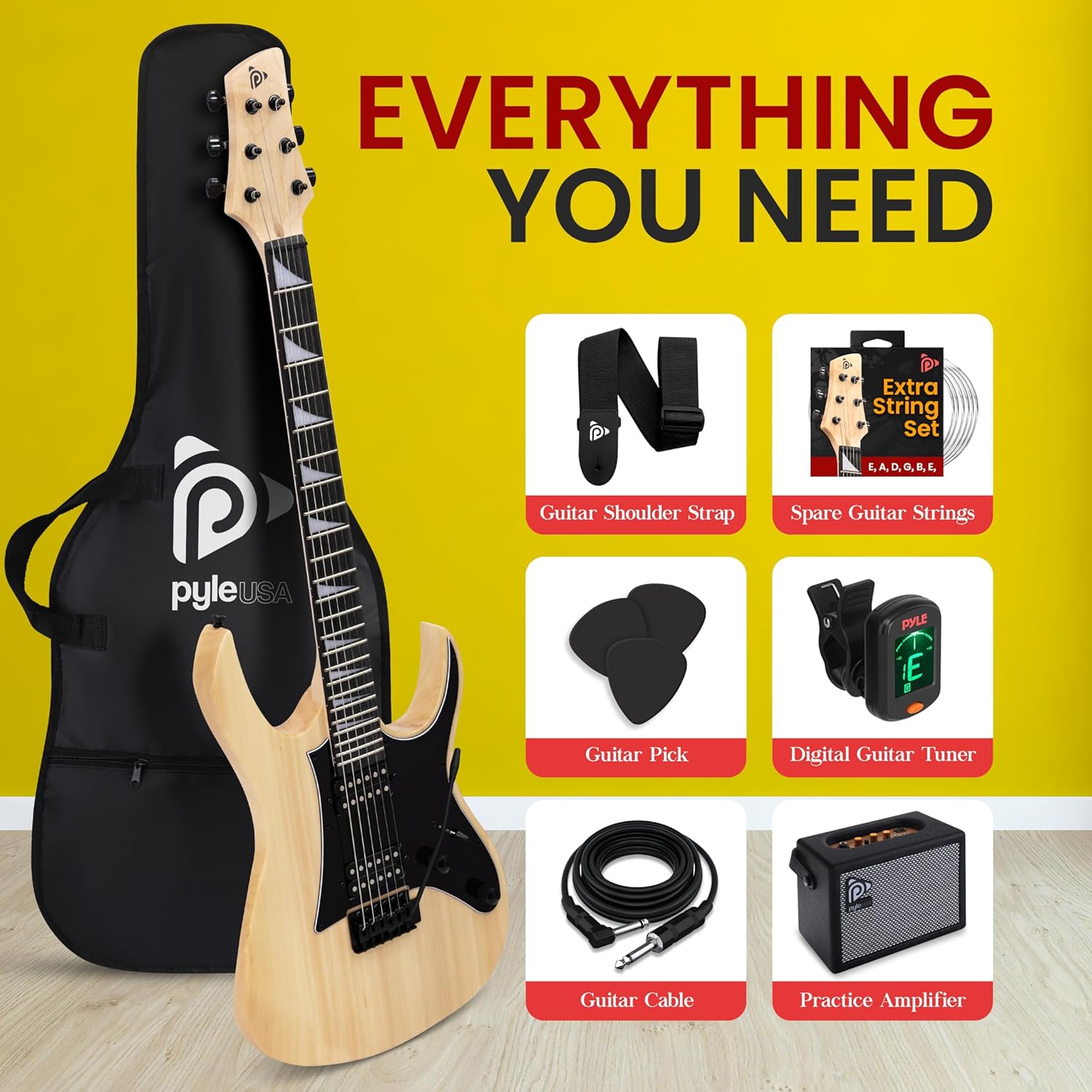 Pyle Prog Rock EG Series Electric Guitar with Amp Kit, 39" Full Size with Dual Humbucker Pickups, Low Profile Neck and Solid Paulownia Body, Premium