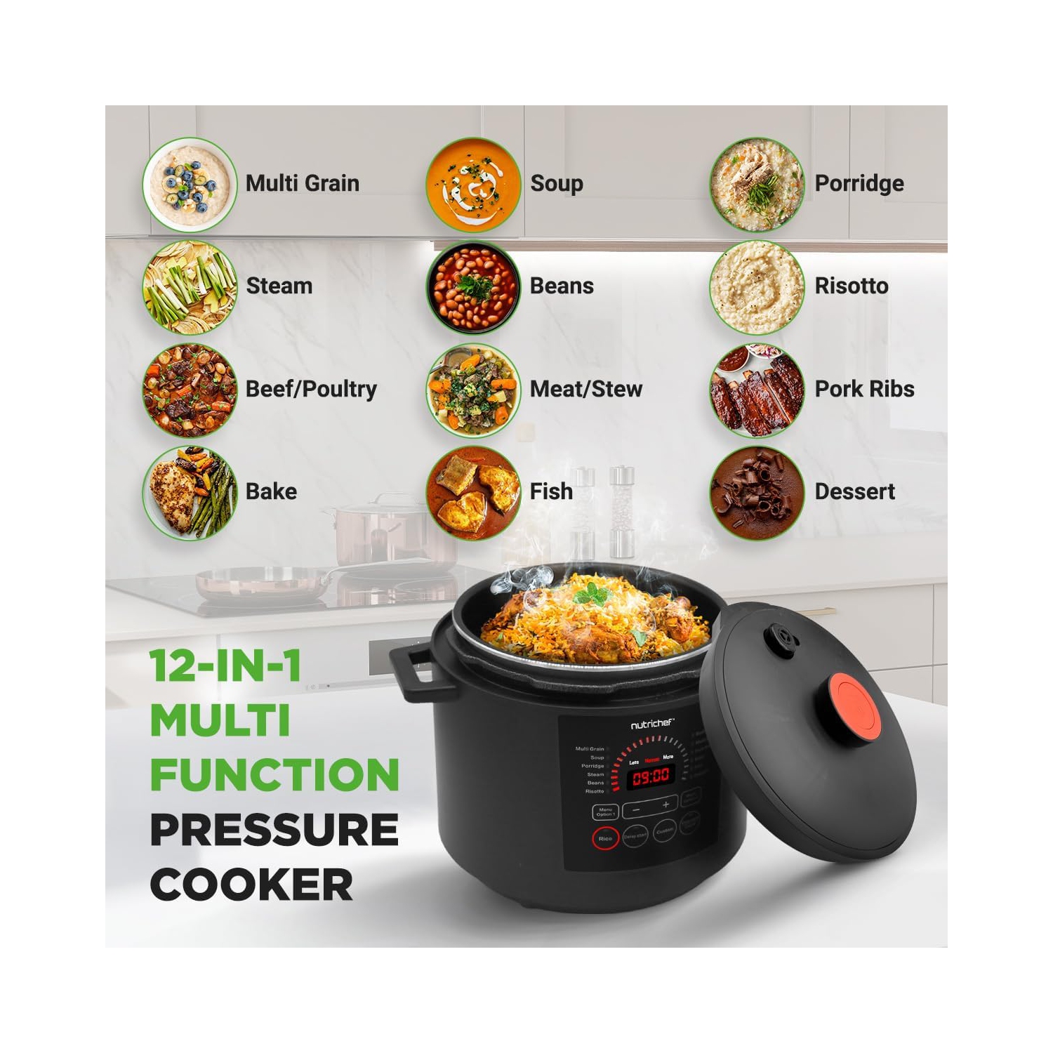 NutriChef Electric Pressure Cooker 6 Quart Capacity | 9 Function Digital Countertop Pressure Cooker | Adjustable Time & Temperature | Cook, Bake,