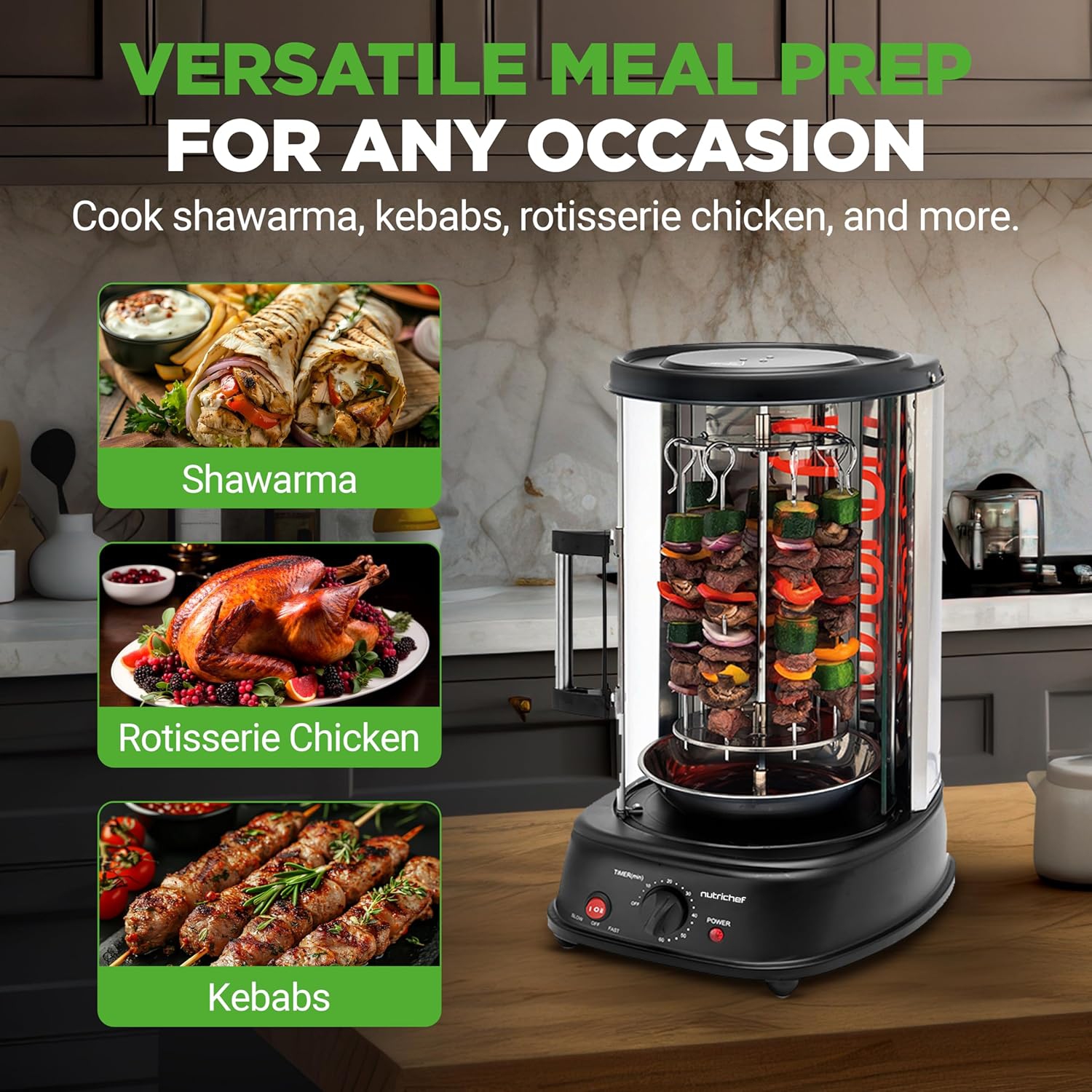 NutriChef Vertical Rotating Turkey & Shawarma Oven | Rotisserie, Shawarma, & Kebab Machine | Stain-Resistant, Energy-Efficient | Heat-Resistant Door