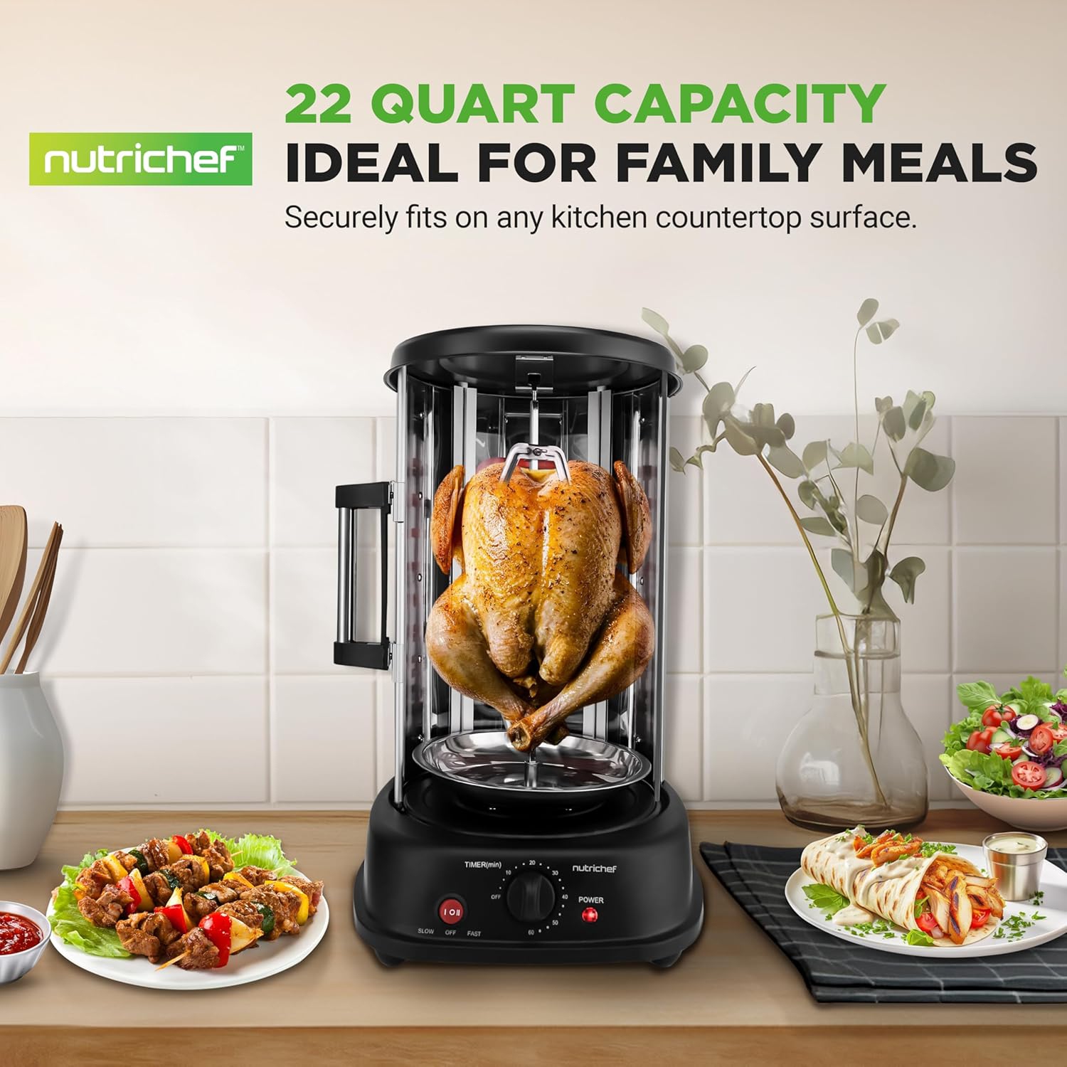NutriChef Vertical Rotating Turkey & Shawarma Oven | Rotisserie, Shawarma, & Kebab Machine | Stain-Resistant, Energy-Efficient | Heat-Resistant Door