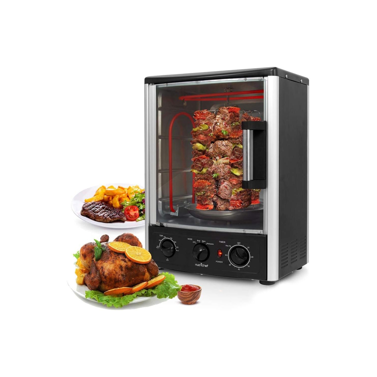 Nutrichef Vertical Countertop Oven with Rotisserie, Bake, Broil, & Kebab Rack Functions - Adjustable Settings - 2 Shelves - 1500W - Thanksgiving
