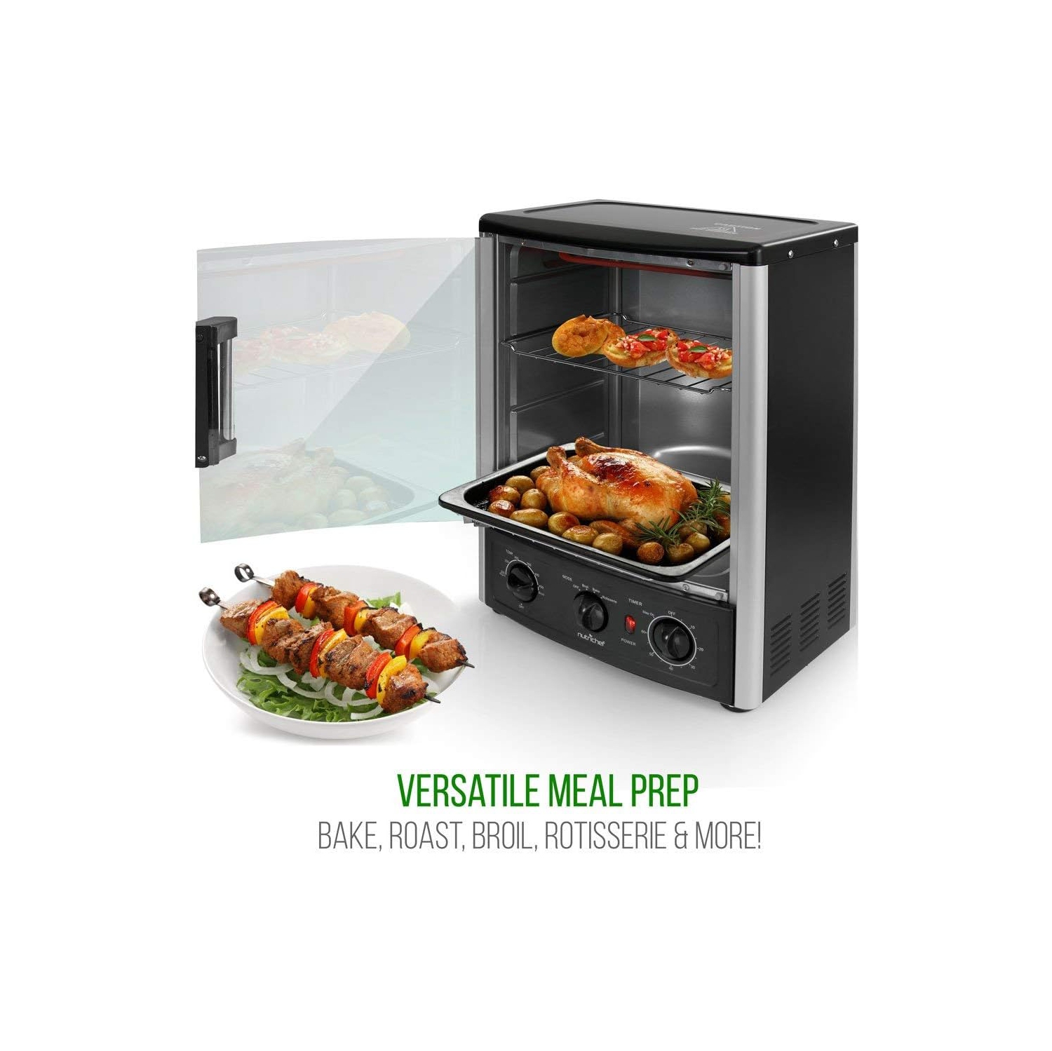 Nutrichef Vertical Countertop Oven with Rotisserie, Bake, Broil, & Kebab Rack Functions - Adjustable Settings - 2 Shelves - 1500W - Thanksgiving