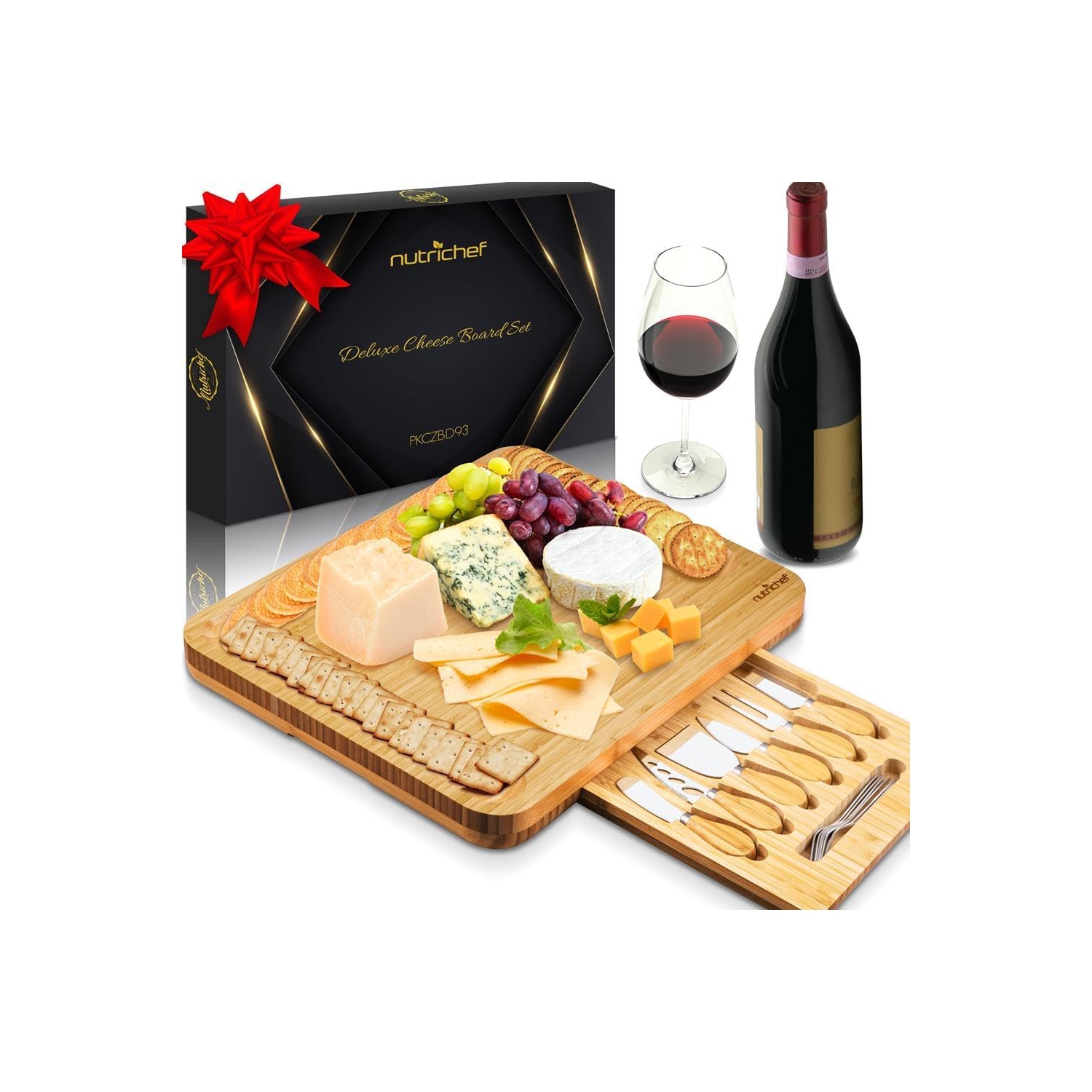 Ensemble plateau à fromage en bambou naturel de NutriChef avec tasse à condiments en prime – Très grande assiette en bois 100 % biologique Home et