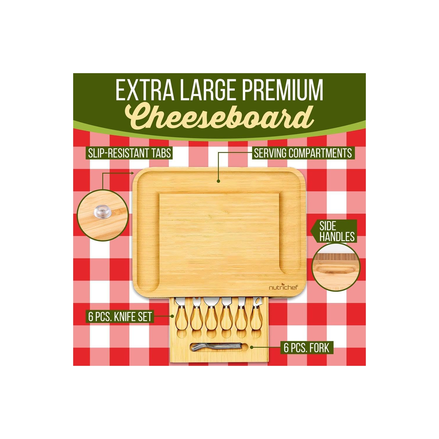 Ensemble plateau à fromage en bambou naturel de NutriChef avec tasse à condiments en prime – Très grande assiette en bois 100 % biologique Home et