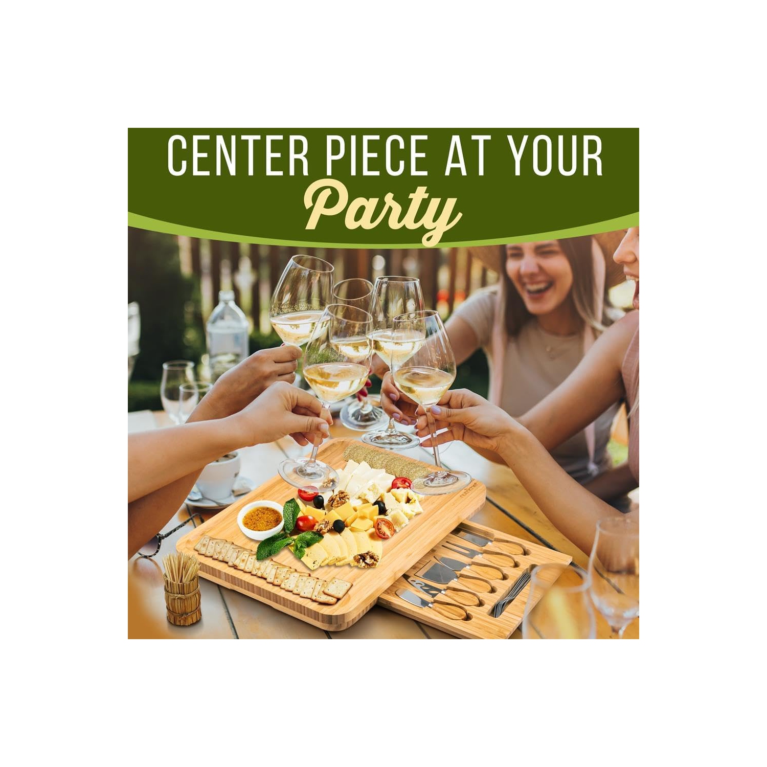 Ensemble plateau à fromage en bambou naturel de NutriChef avec tasse à condiments en prime – Très grande assiette en bois 100 % biologique Home et