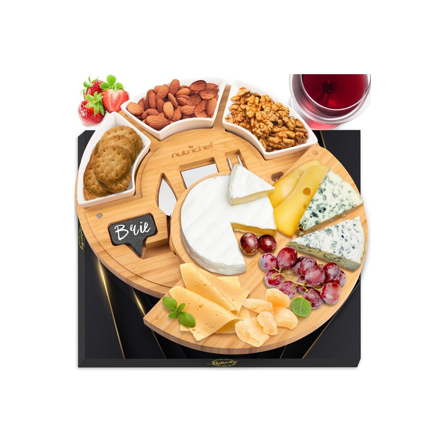 NutriChef Bamboo Natural Cheese Board Set with Bonus Condiment Cup-Extra Large Size 100% Home Organic Wooden Plate and Charcuterie Tray with 4 pcs