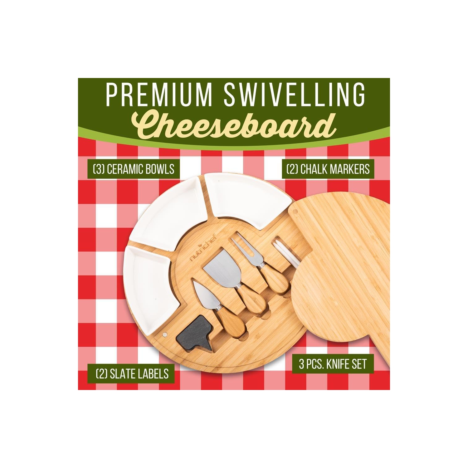 NutriChef Bamboo Natural Cheese Board Set with Bonus Condiment Cup-Extra Large Size 100% Home Organic Wooden Plate and Charcuterie Tray with 4 pcs