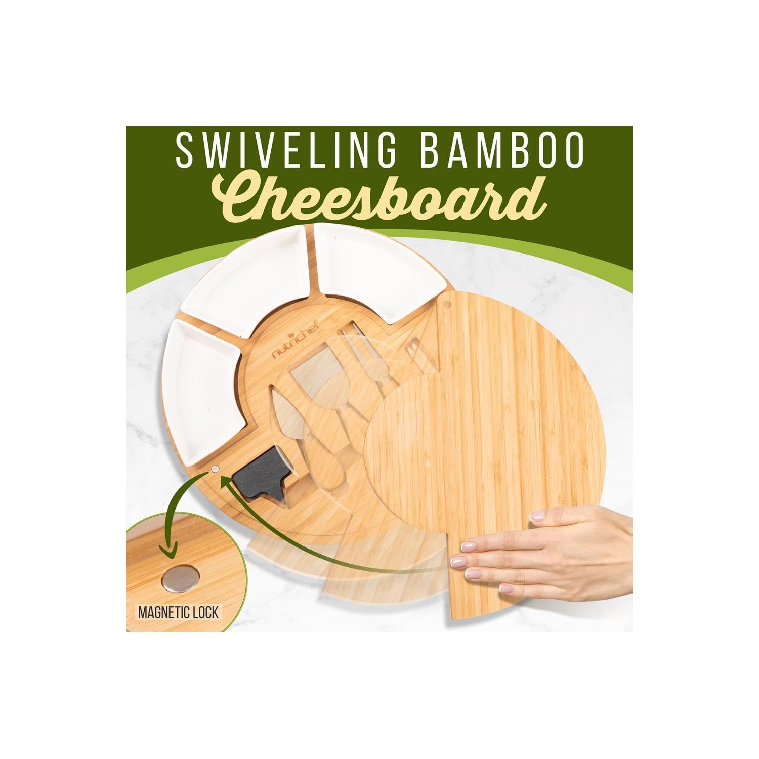 NutriChef Bamboo Natural Cheese Board Set with Bonus Condiment Cup-Extra Large Size 100% Home Organic Wooden Plate and Charcuterie Tray with 4 pcs