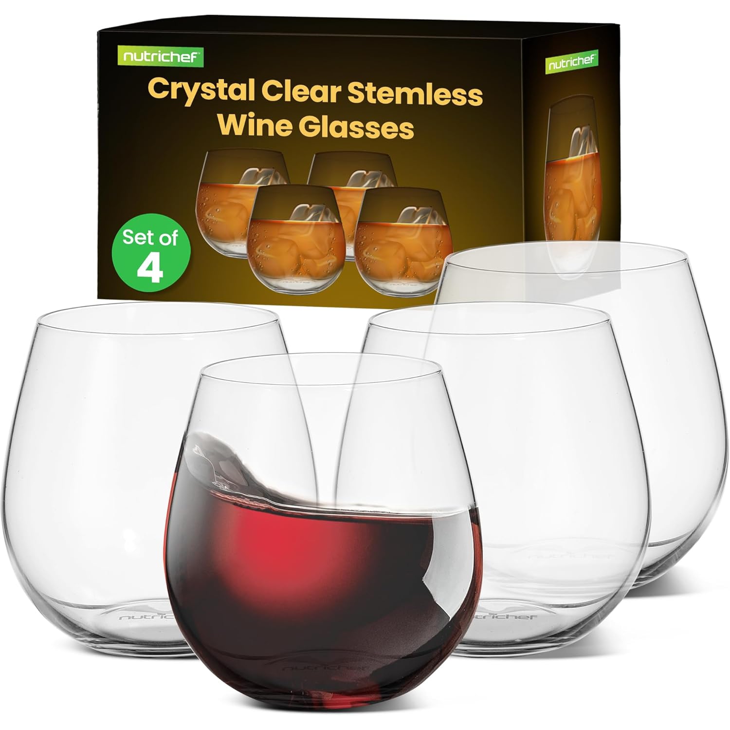 NutriChef 15oz Stemless Wine Glasses - Set of 4 Ultra Thin Elegant Red & White Wine Clear Crystal Glass Drinkware, Lead-Free, Hand Blown Seamless