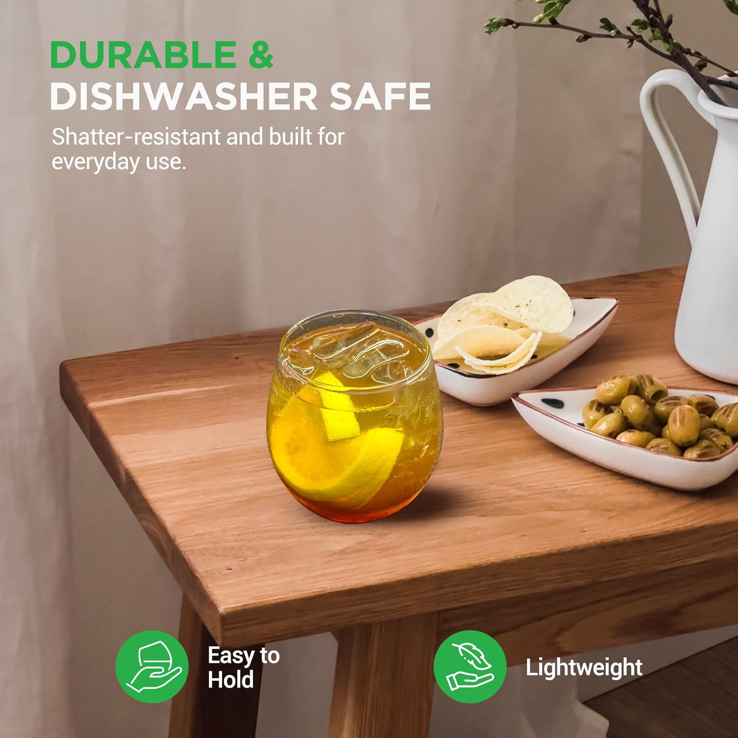 NutriChef 15oz Stemless Wine Glasses - Set of 4 Ultra Thin Elegant Red & White Wine Clear Crystal Glass Drinkware, Lead-Free, Hand Blown Seamless