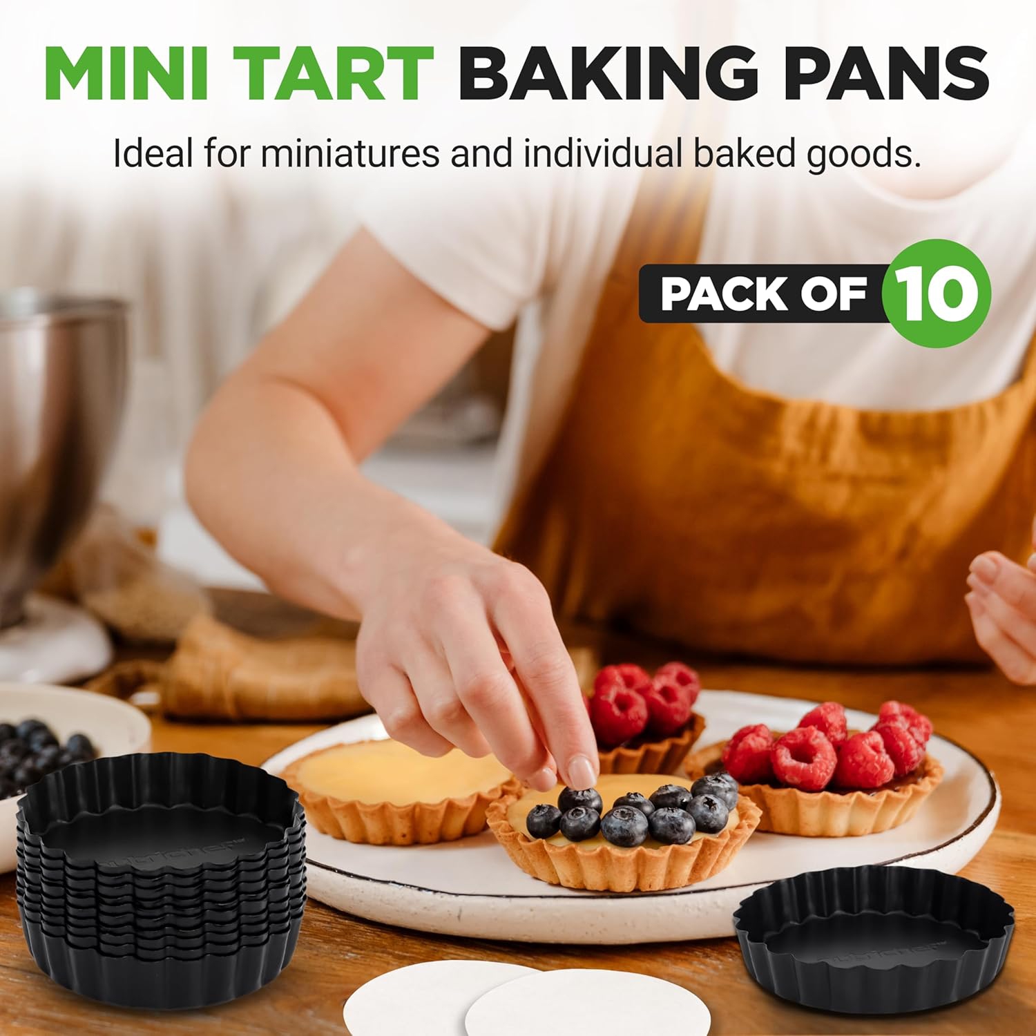 NutriChef Mini Tart Pans 10 Nonstick Molds With Removable Bottoms | 4 Inch Heavy Duty Steel Quiche Pans | Oven & Dishwasher Safe | Fluted Sides for