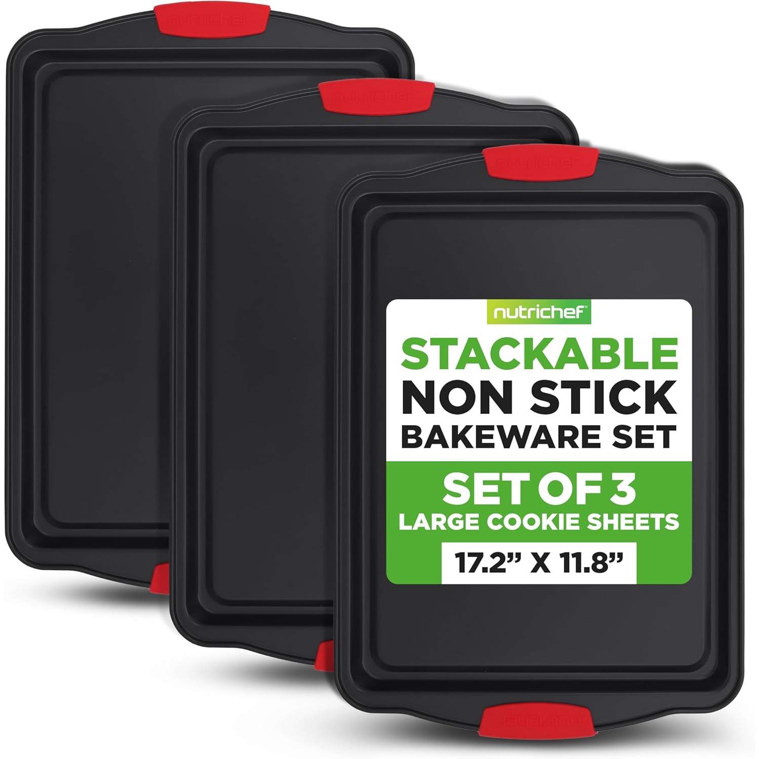 NutriChef 3-Piece Large Nonstick Cookie Sheets for Baking | Premium Food-Grade Carbon Steel, Non-Stick Tray Set with Silicone Handles, Oven Safe up
