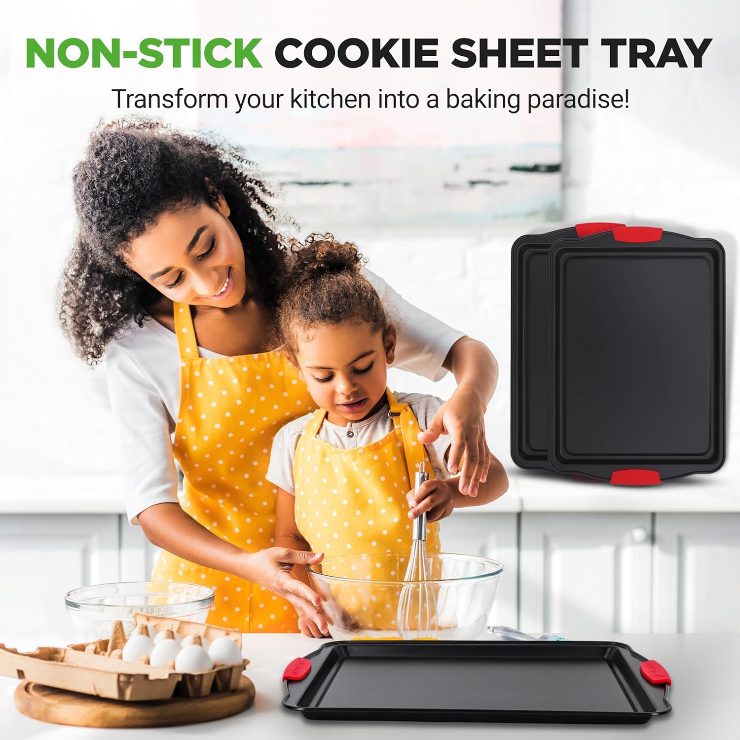 NutriChef 3-Piece Large Nonstick Cookie Sheets for Baking | Premium Food-Grade Carbon Steel, Non-Stick Tray Set with Silicone Handles, Oven Safe up