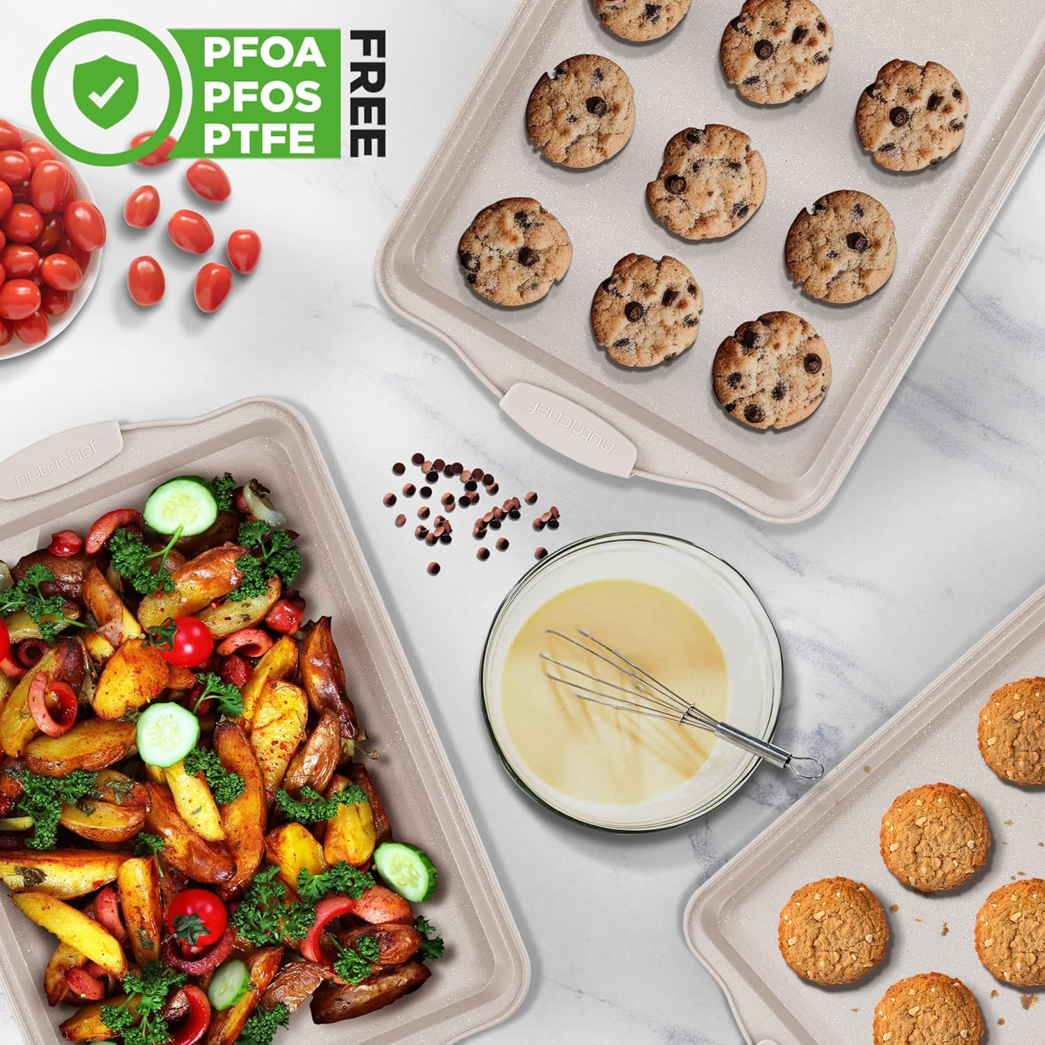 NutriChef 3 Piece Nonstick Cookie Sheets for Baking - Premium Carbon Steel Baking Pans with White Silicone Handles - Even Heat Distribution,