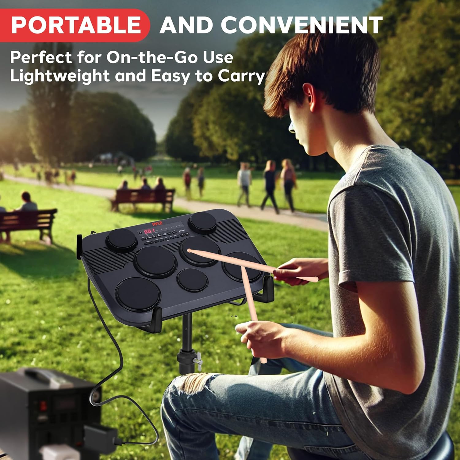 Pyle Electronic Tabletop Digital Drum Set, Compact Portable Drum Pad Kit w/ 7 Touch Sensitive Drum Pads and Pedals, 273 Sounds, USB & Headphone