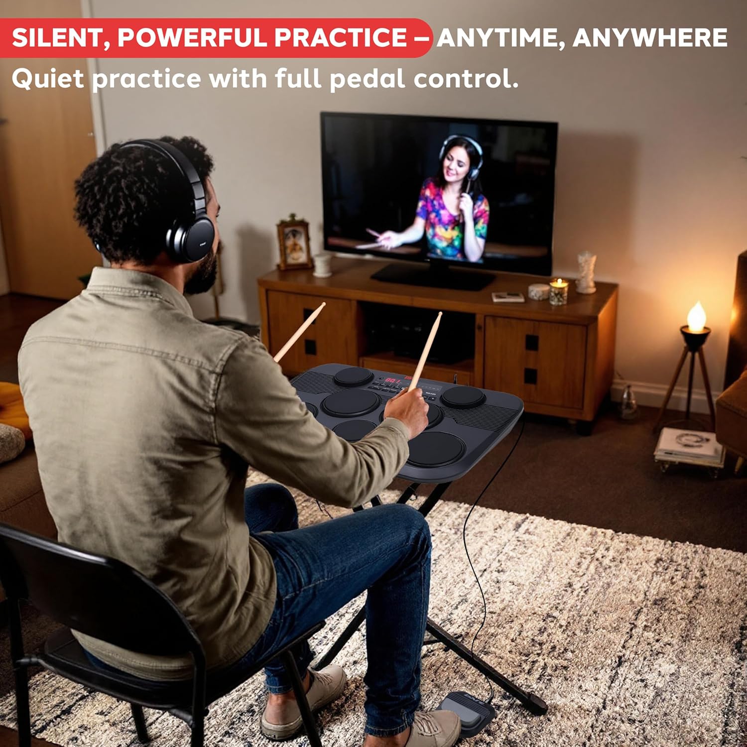 Pyle Electronic Tabletop Digital Drum Set, Compact Portable Drum Pad Kit w/ 7 Touch Sensitive Drum Pads and Pedals, 273 Sounds, USB & Headphone