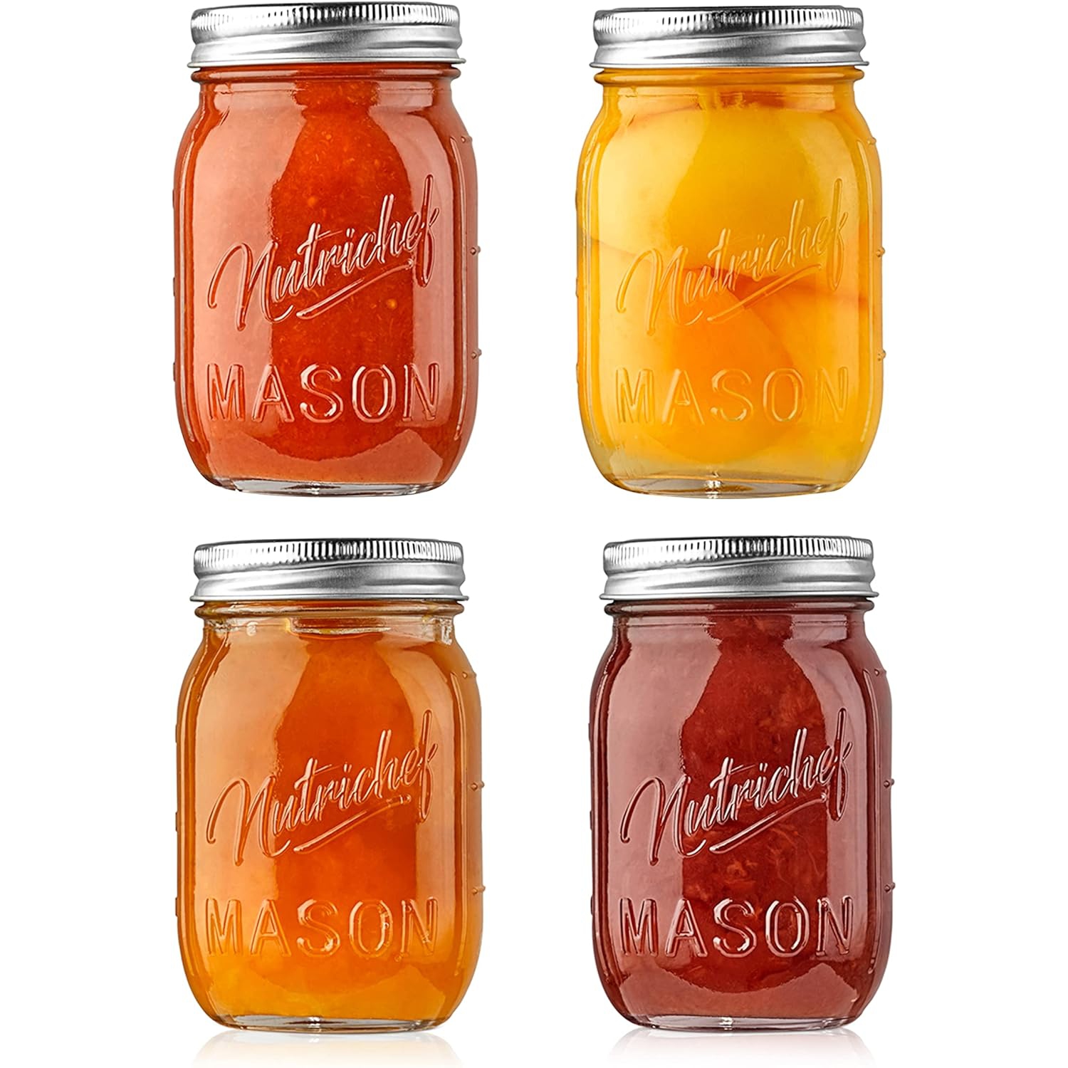 NutriChef 4-Pack 16 oz Mason Jars with Lids - Thick Glass Canning Jars with Stainless Steel Lids - Ideal for DIY Spices, Meal Prep, Overnight Oats,