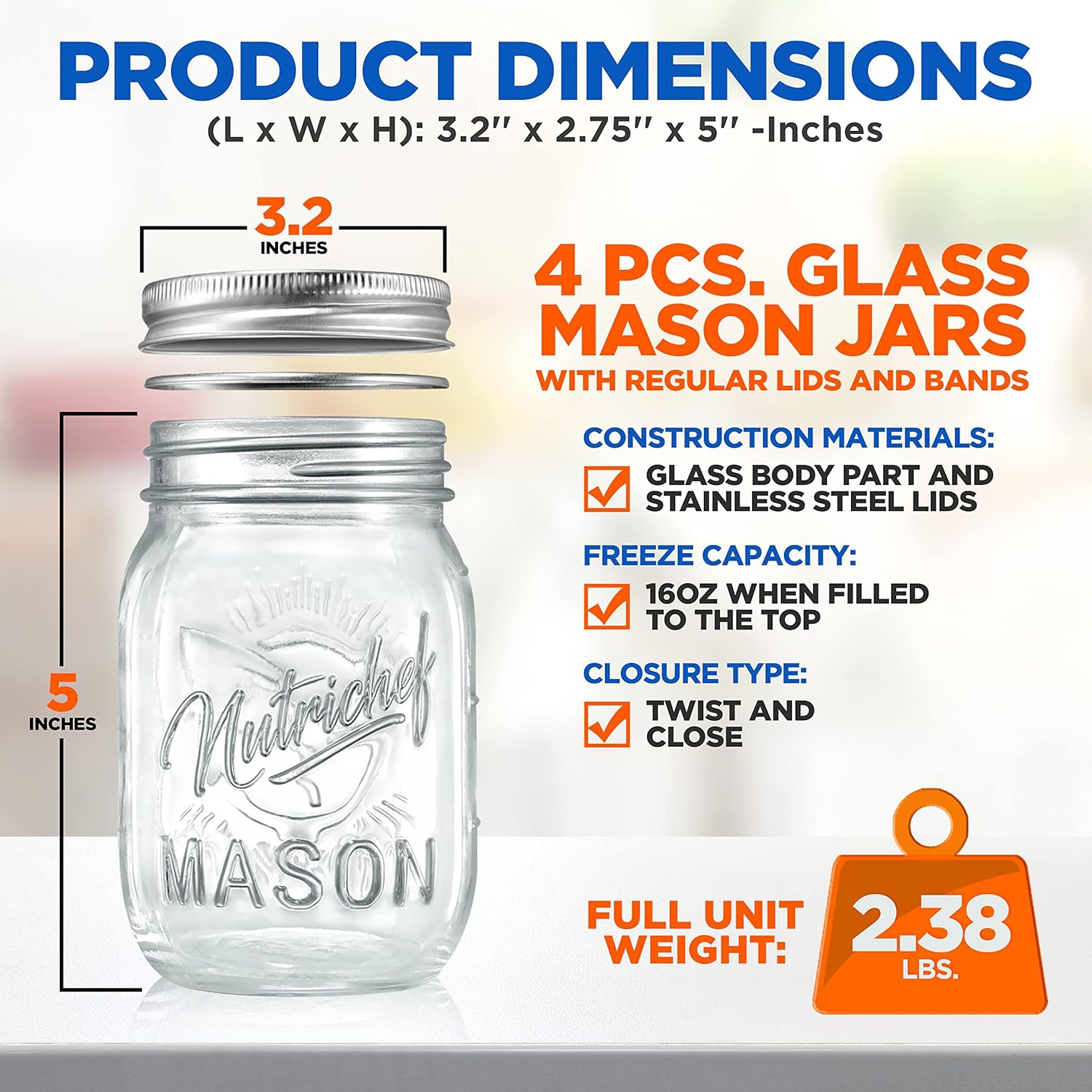 NutriChef 4-Pack 16 oz Mason Jars with Lids - Thick Glass Canning Jars with Stainless Steel Lids - Ideal for DIY Spices, Meal Prep, Overnight Oats,