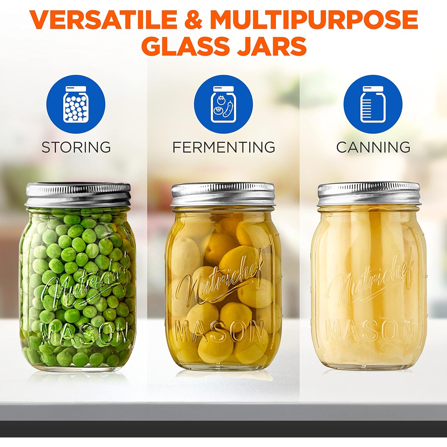 NutriChef 4-Pack 16 oz Mason Jars with Lids - Thick Glass Canning Jars with Stainless Steel Lids - Ideal for DIY Spices, Meal Prep, Overnight Oats,