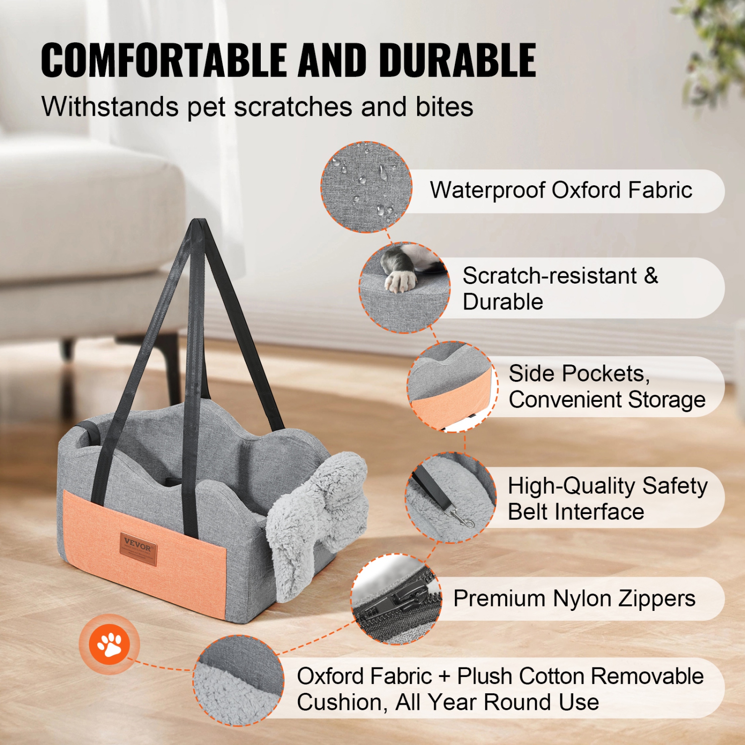 VEVOR Console Dog Car Seat, Center Console Dog Booster Seat for Small Dog, Pet Car Seat for Car Armrest with Clip-On Leash, Adjustable Straps,