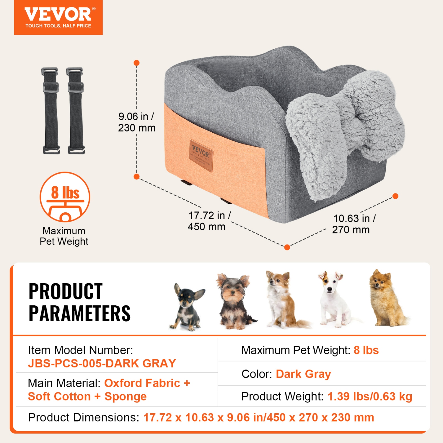 VEVOR Console Dog Car Seat, Center Console Dog Booster Seat for Small Dog, Pet Car Seat for Car Armrest with Clip-On Leash, Adjustable Straps,