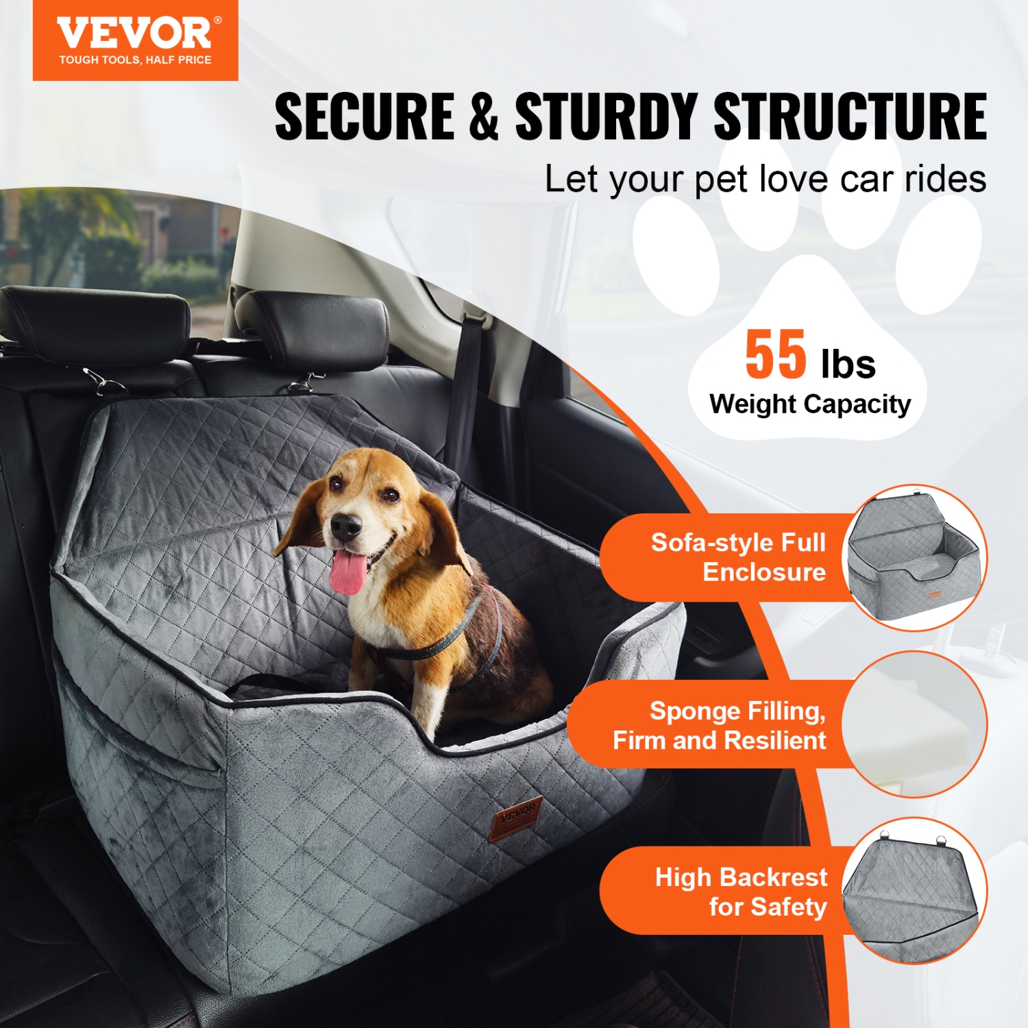VEVOR Dog Car Seat, Dog Booster Seat for Car with A Storage Pocket, Pet Car Seat with Clip-On Safety Leash, Sponge Filling, Dog Car Bed for Medium &