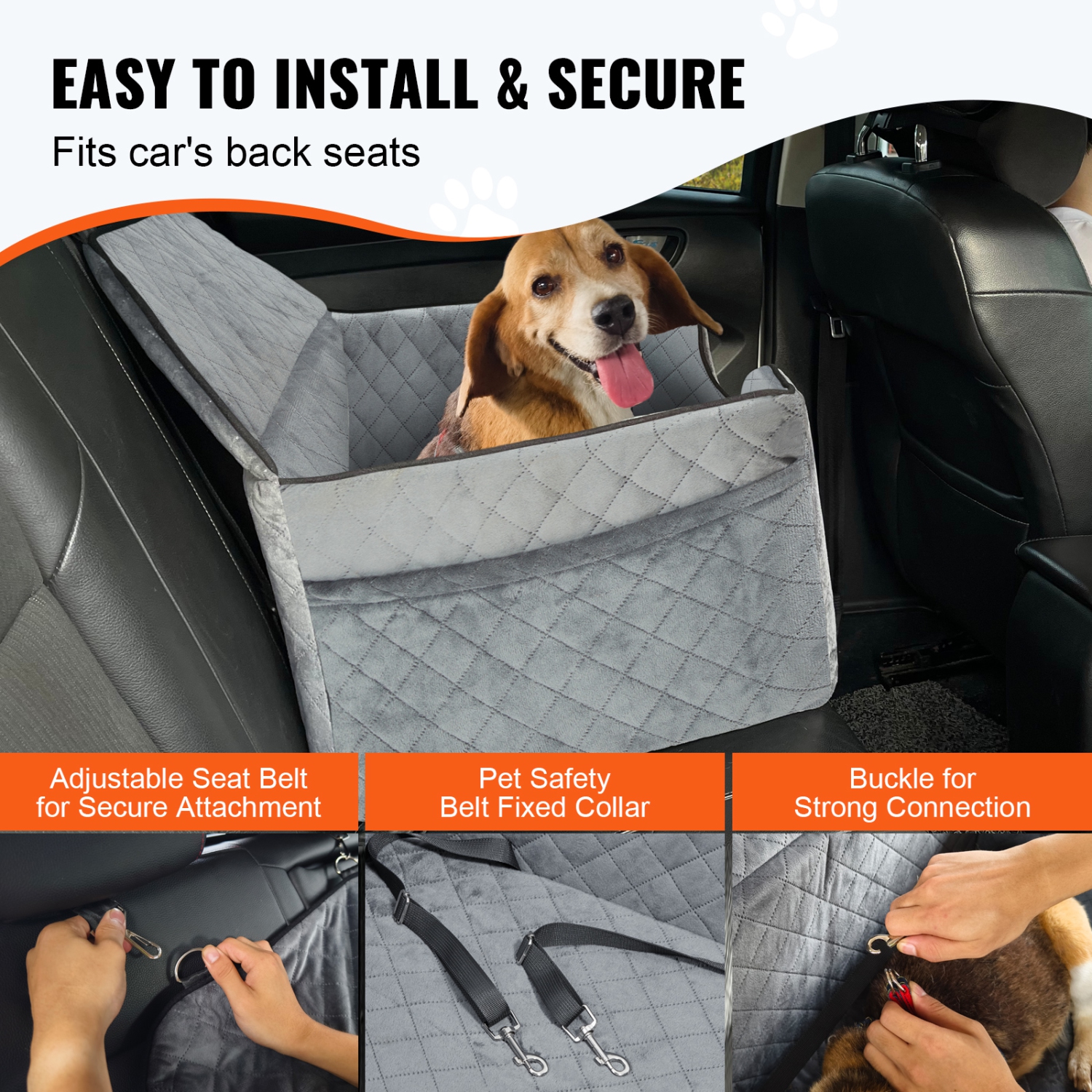 VEVOR Dog Car Seat, Dog Booster Seat for Car with A Storage Pocket, Pet Car Seat with Clip-On Safety Leash, Sponge Filling, Dog Car Bed for Medium &