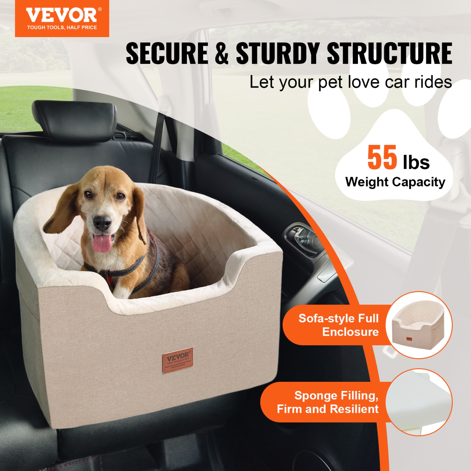 VEVOR Dog Car Seat, Waterproof Dog Booster Seat for Car with A Storage Pocket, Clip-On Safety Leash and Sponge Filling, Dog Car Bed for Small &