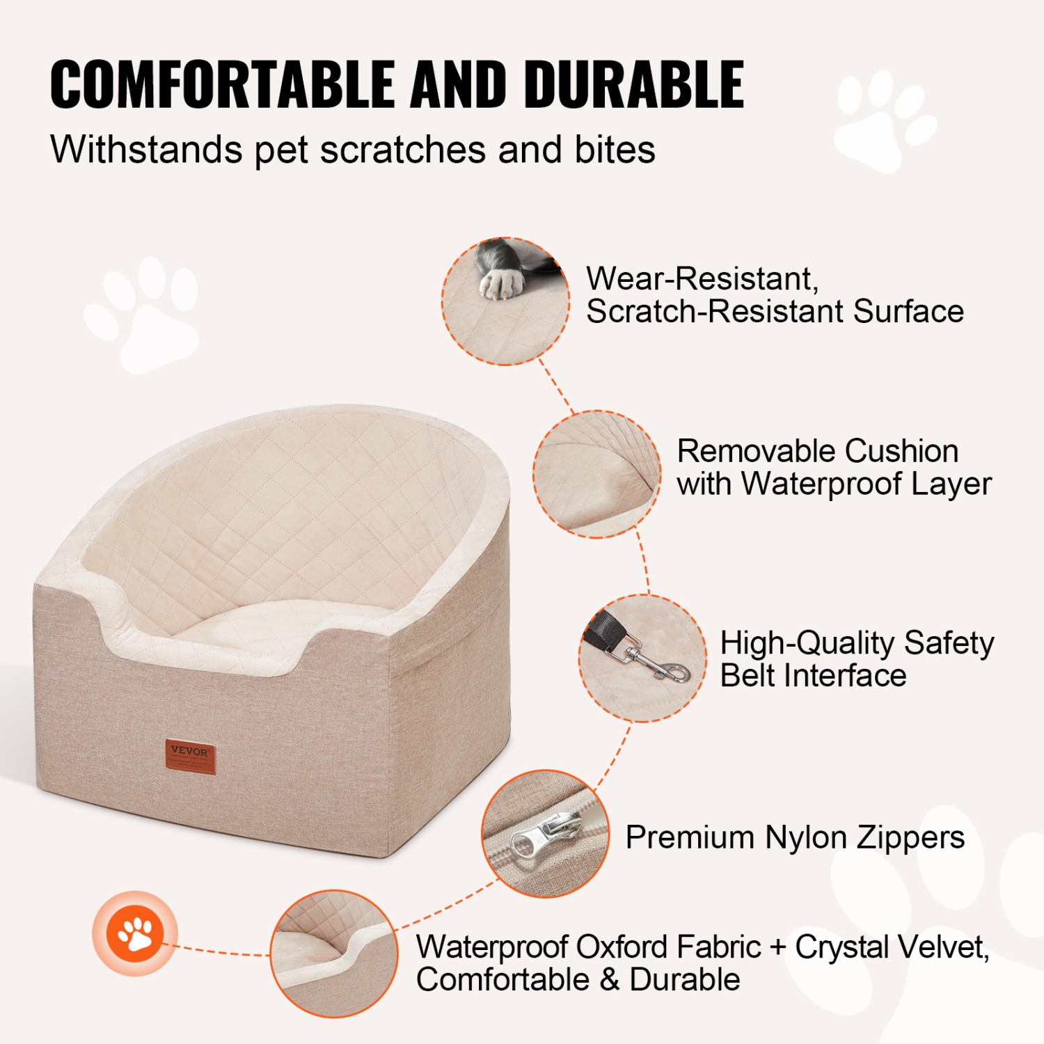 VEVOR Dog Car Seat, Waterproof Dog Booster Seat for Car with A Storage Pocket, Clip-On Safety Leash and Sponge Filling, Dog Car Bed for Small &