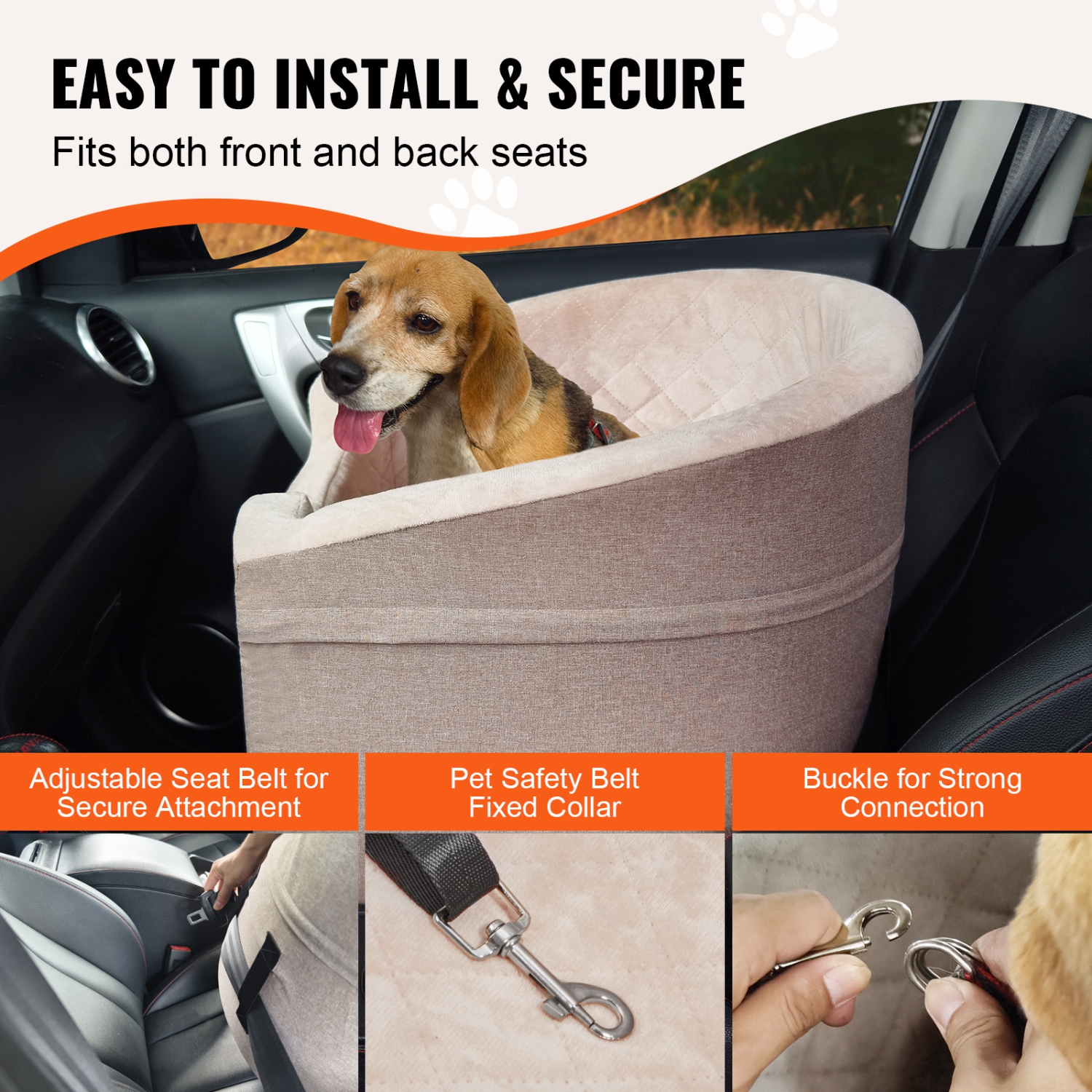 VEVOR Dog Car Seat, Waterproof Dog Booster Seat for Car with A Storage Pocket, Clip-On Safety Leash and Sponge Filling, Dog Car Bed for Small &