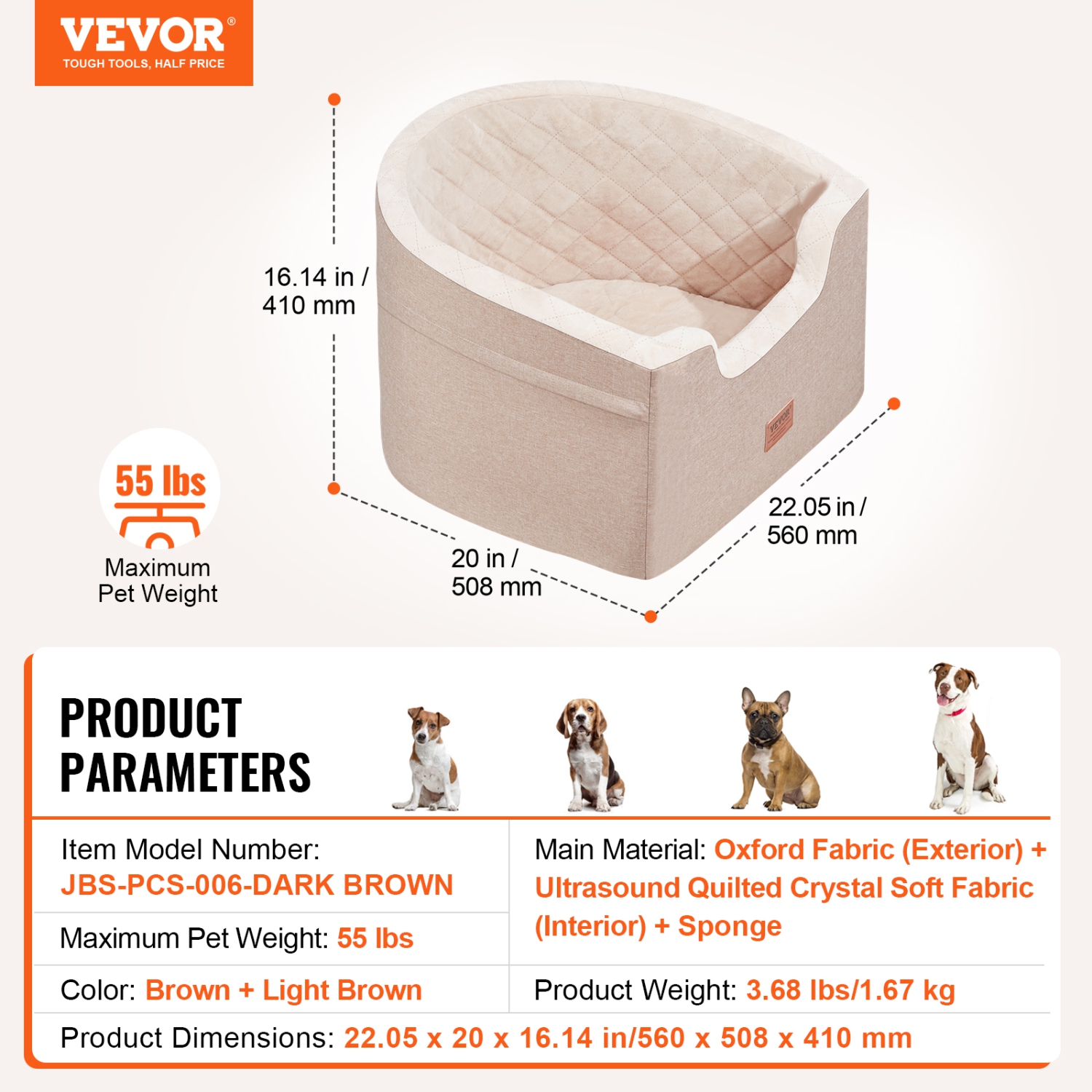 VEVOR Dog Car Seat, Waterproof Dog Booster Seat for Car with A Storage Pocket, Clip-On Safety Leash and Sponge Filling, Dog Car Bed for Small &