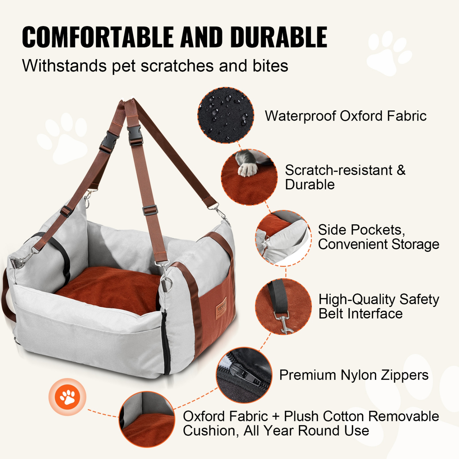 VEVOR Dog Car Seat, Waterproof Dog Booster Seat for Car with Side Handles and A Storage Pocket, Clip-On Safety Leash and PP Cotton Filling, Car Bed